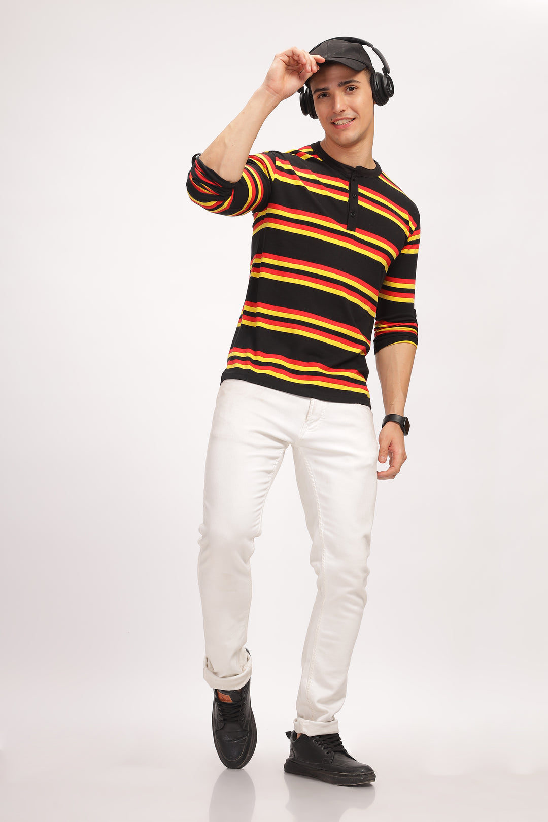 Red Black Color Blocked Henley Neck T-Shirt