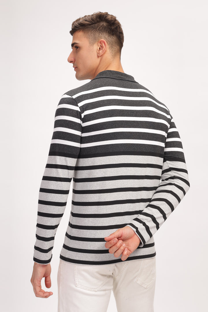 Grey Black Striper Zipper T-Shirt