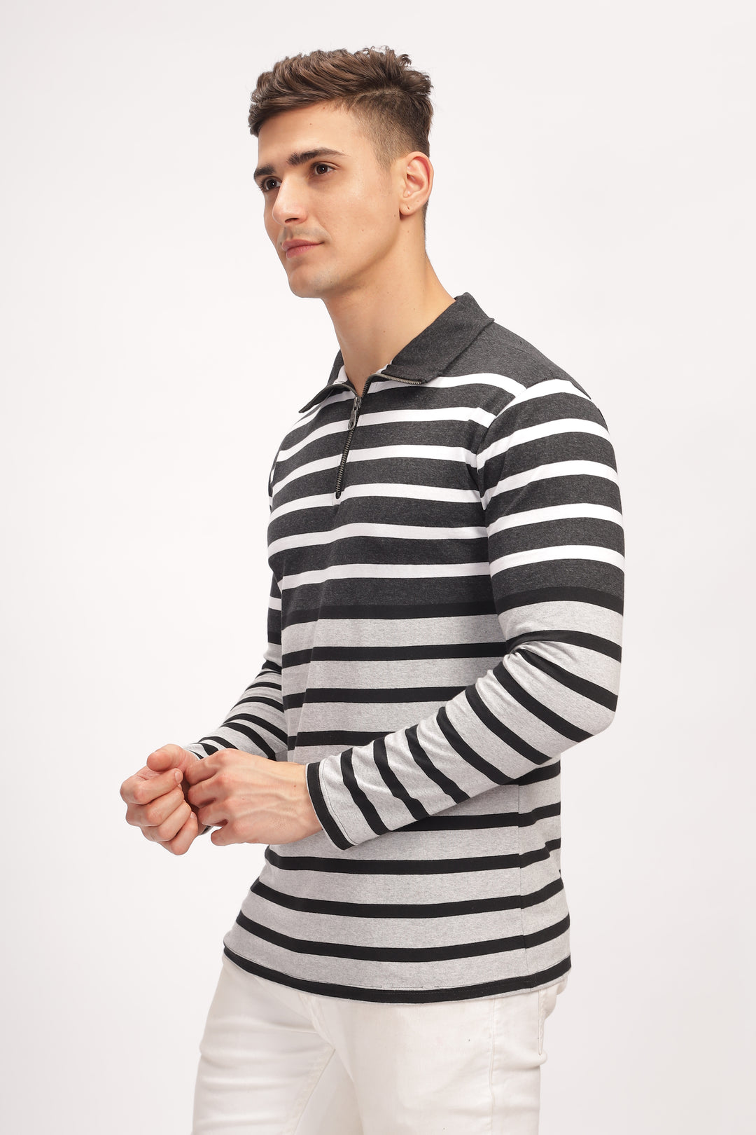 Grey Black Striper Zipper T-Shirt