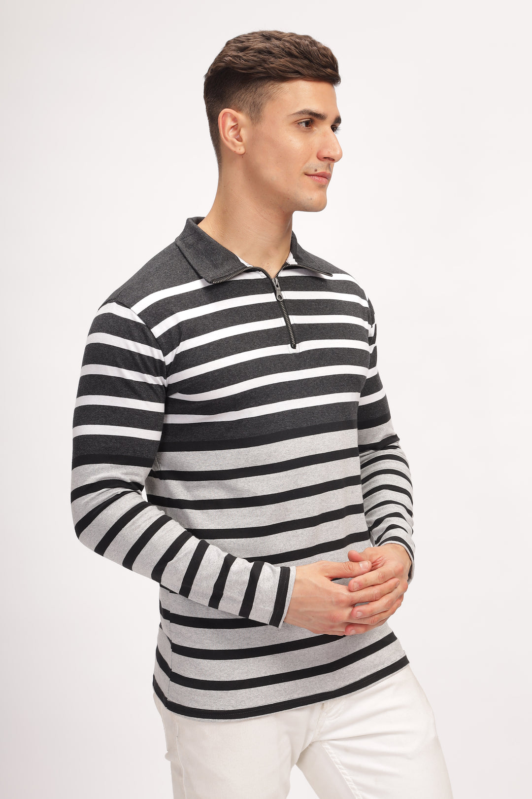 Grey Black Striper Zipper T-Shirt