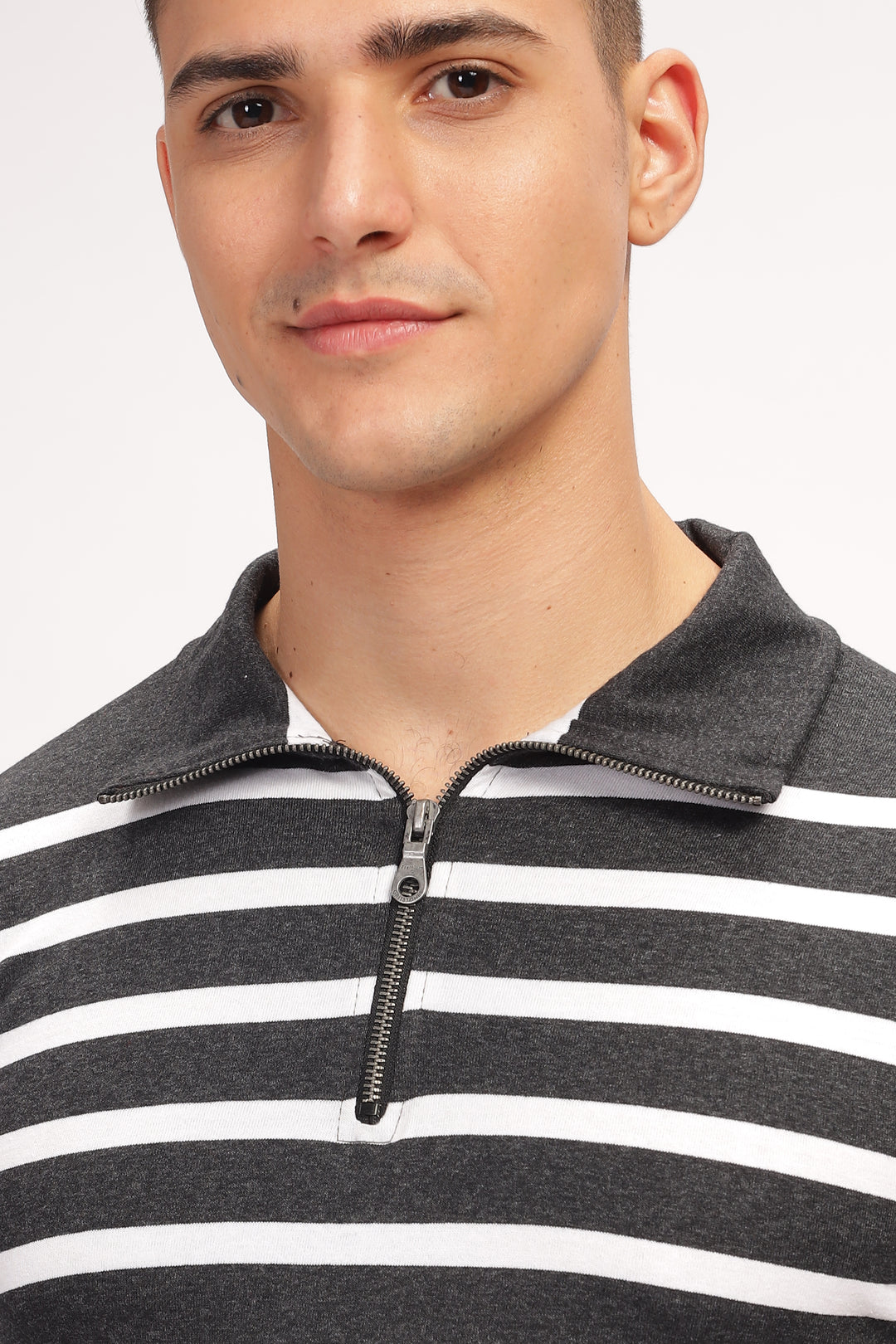 Grey Black Striper Zipper T-Shirt