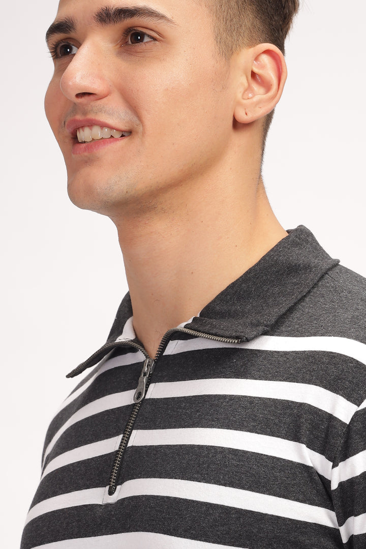 Grey Black Striper Zipper T-Shirt