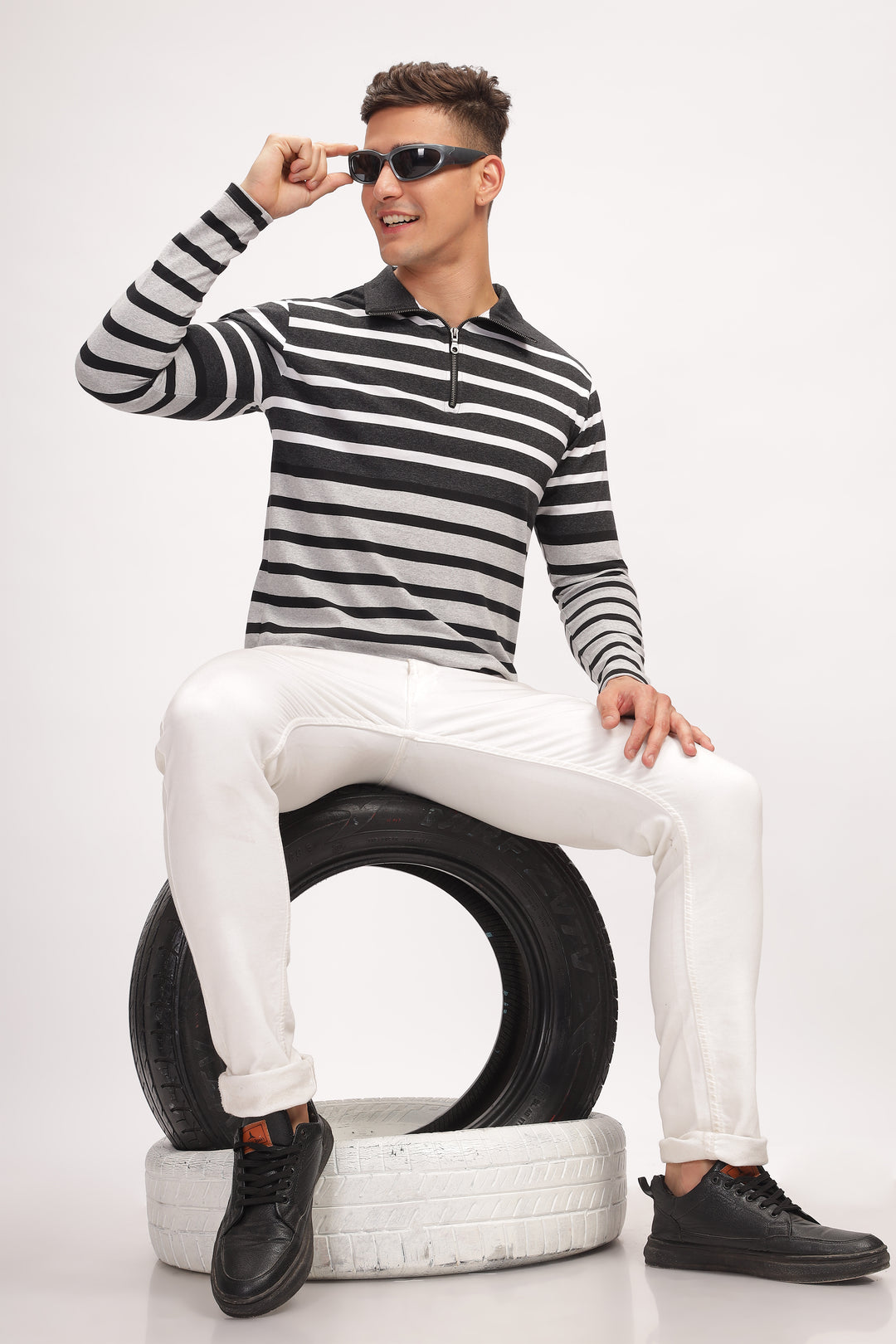 Grey Black Striper Zipper T-Shirt