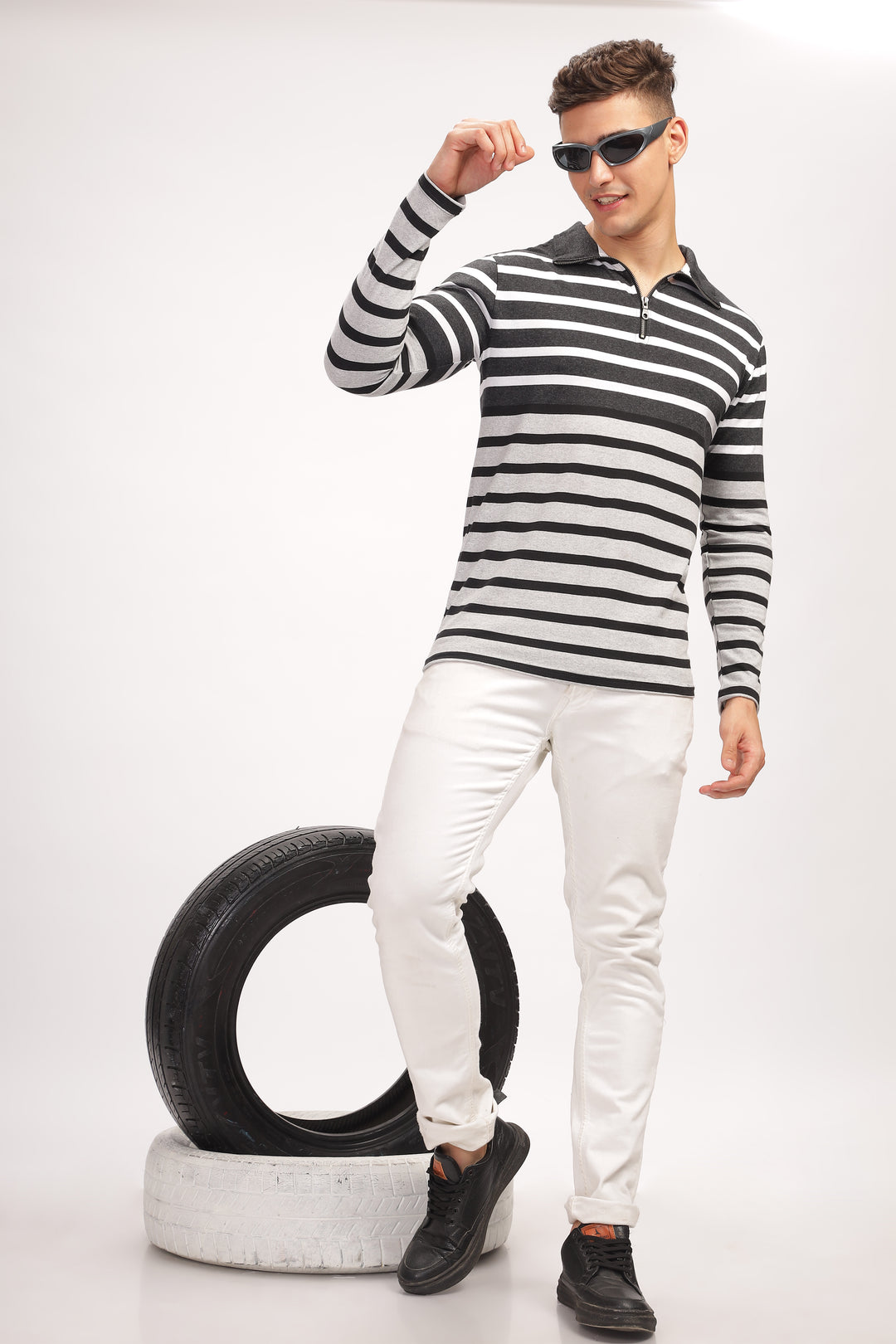 Grey Black Striper Zipper T-Shirt