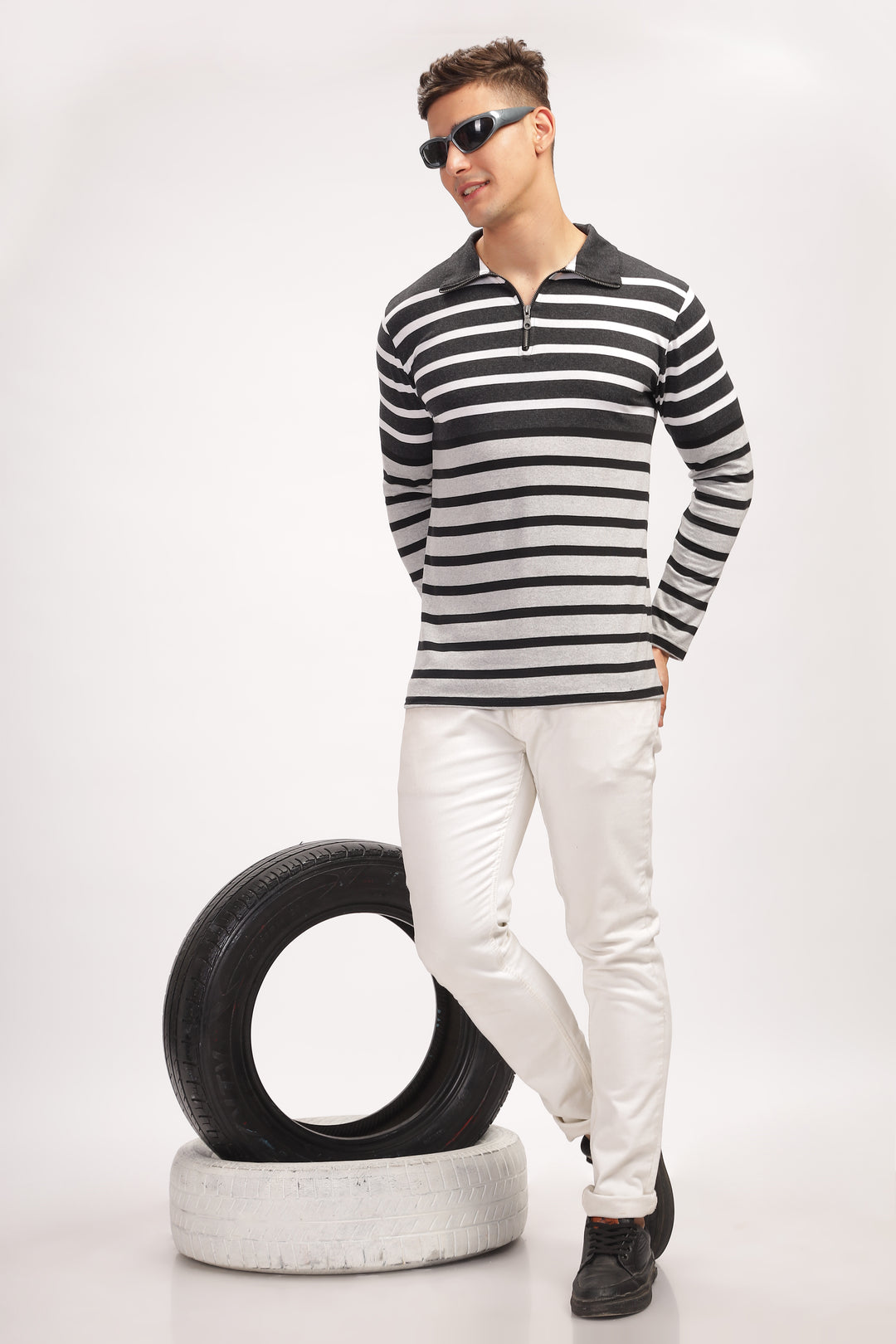 Grey Black Striper Zipper T-Shirt