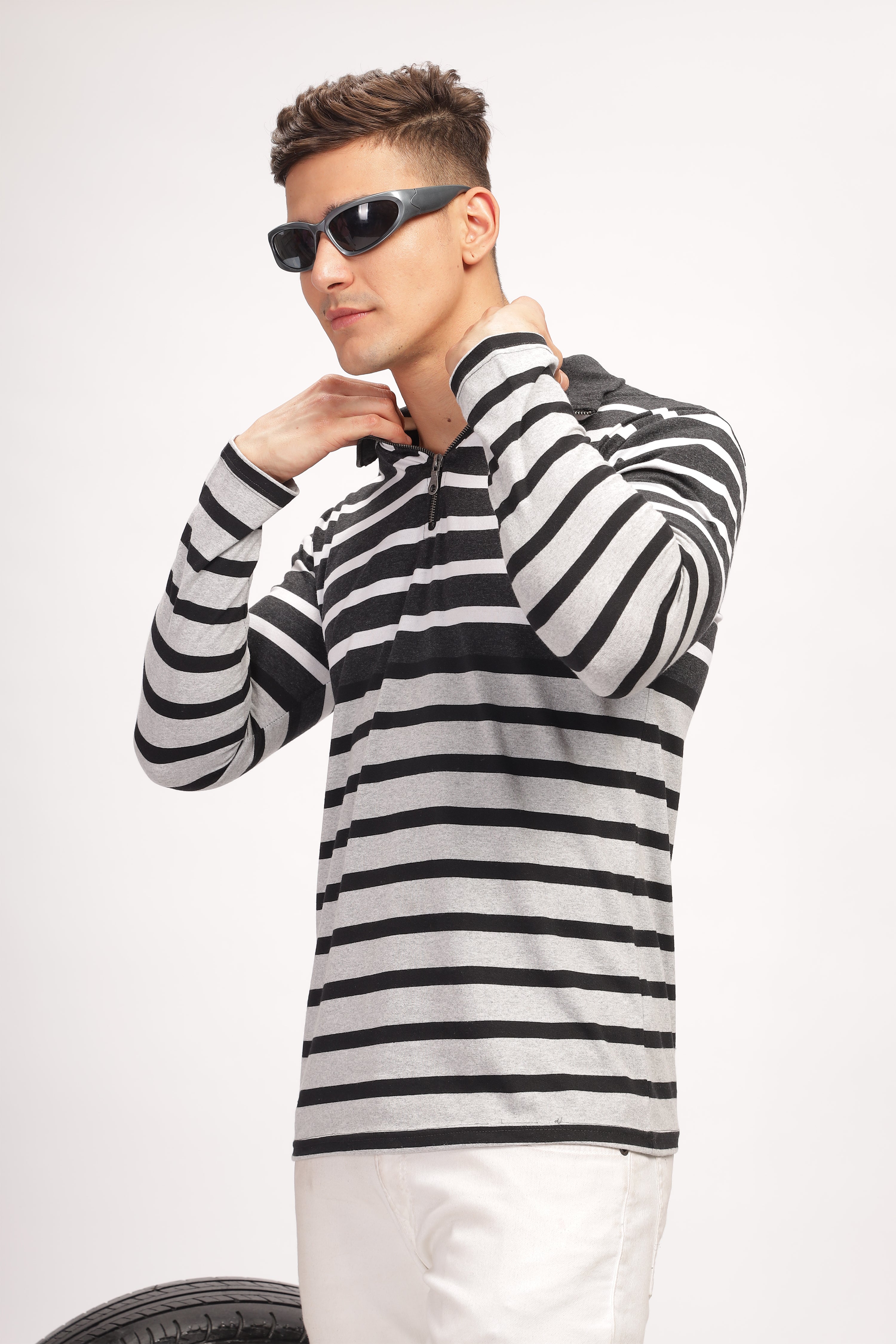 Grey Black Striper Zipper T-Shirt