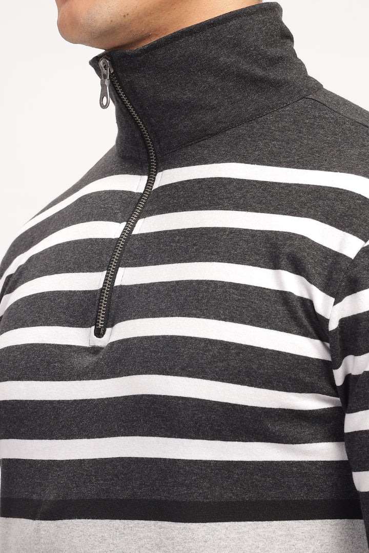 Grey Black Striper Zipper T-Shirt