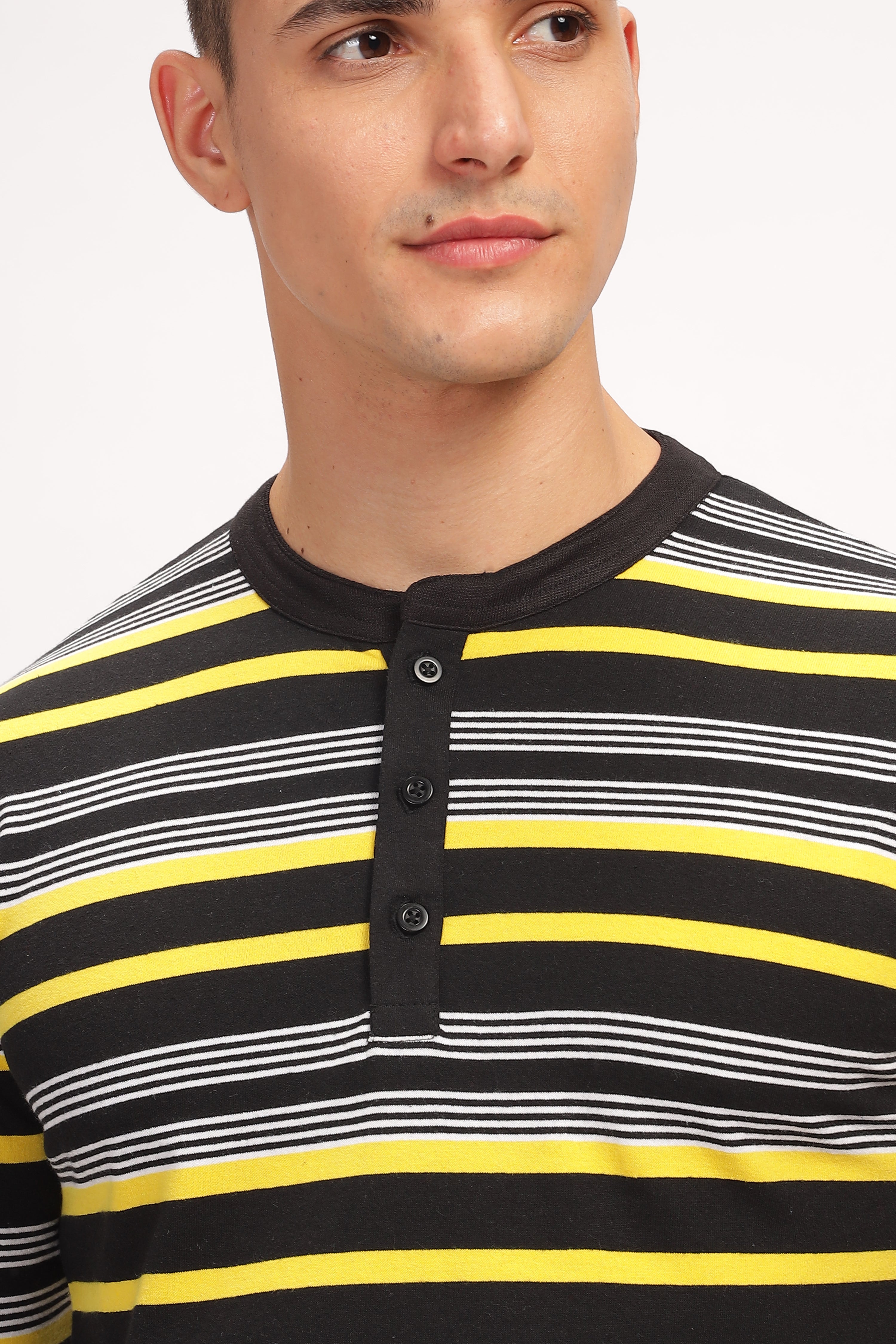 Black Striped Henley Neck T-Shirt