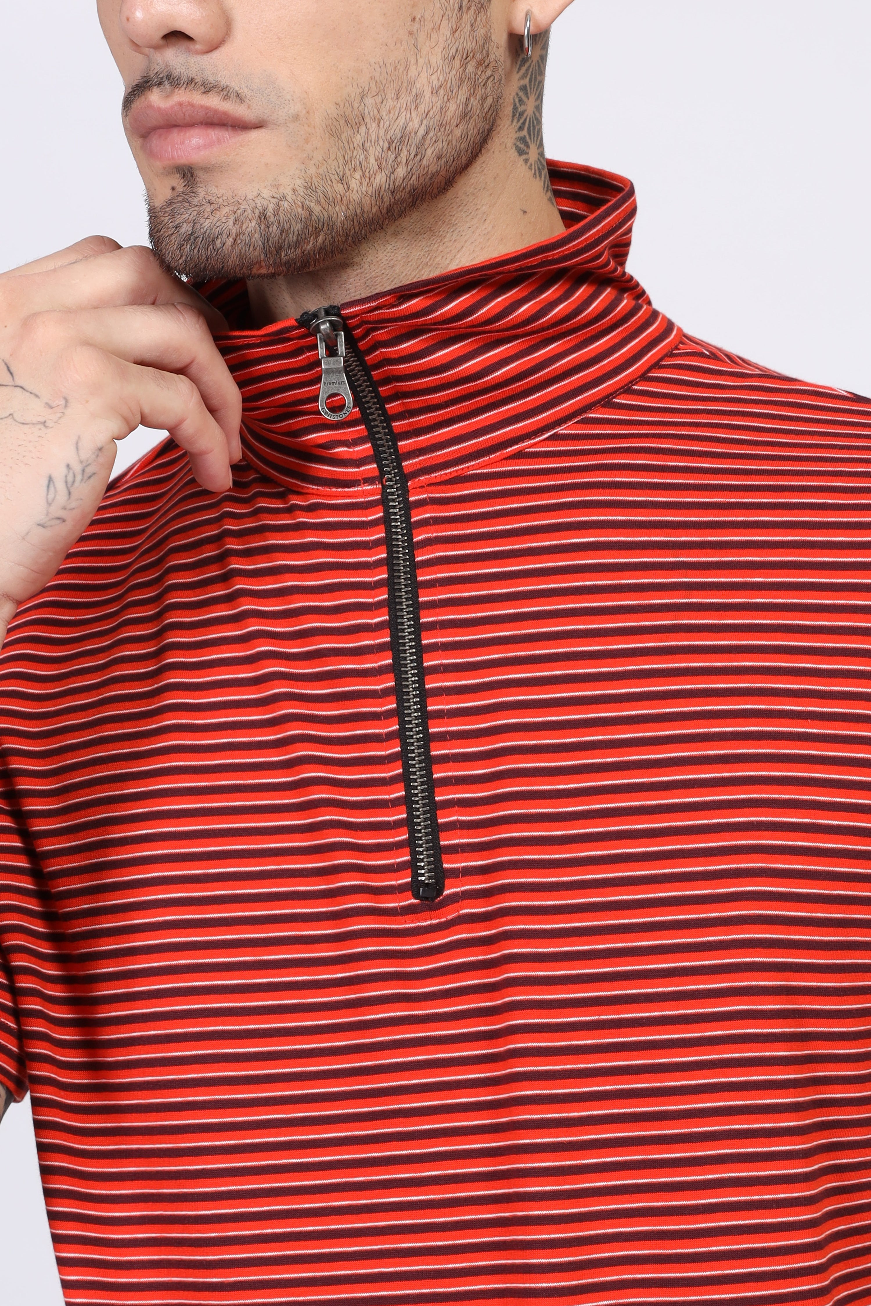 Red Horizontal Stripe Zipper T-Shirt