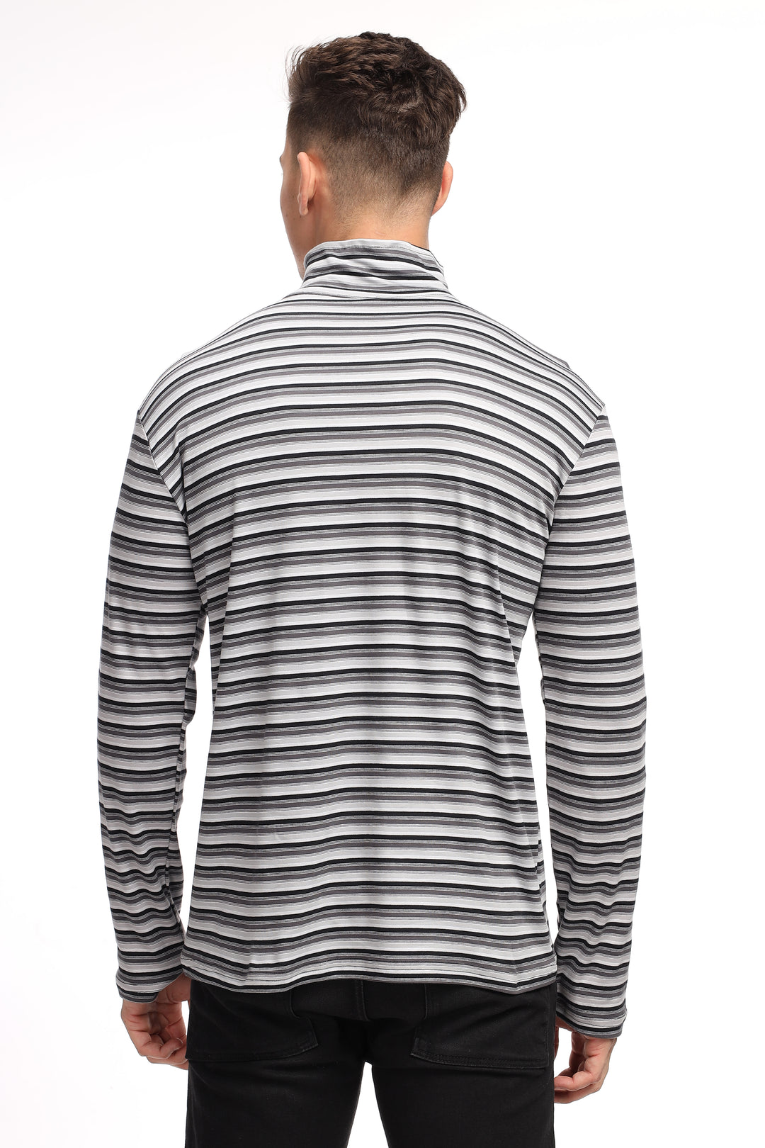 Black Self Design Stripes Zipper T-Shirt