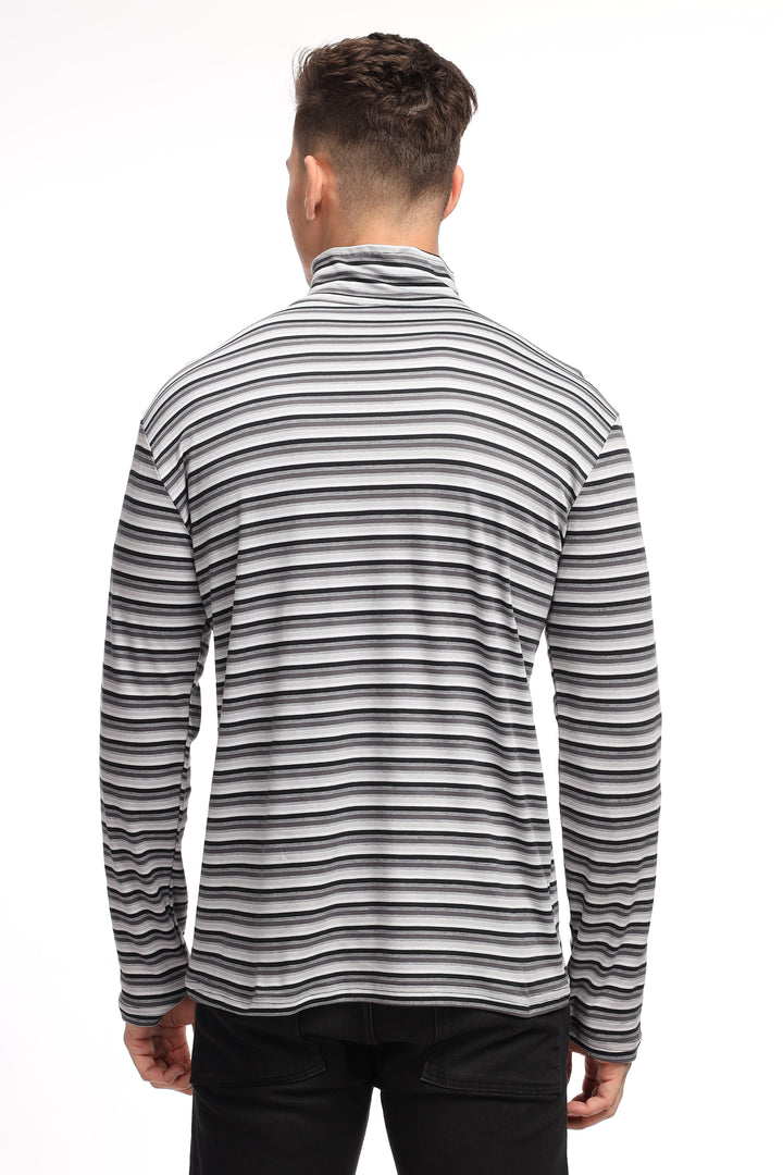 Black Self Design Stripes Zipper T-Shirt