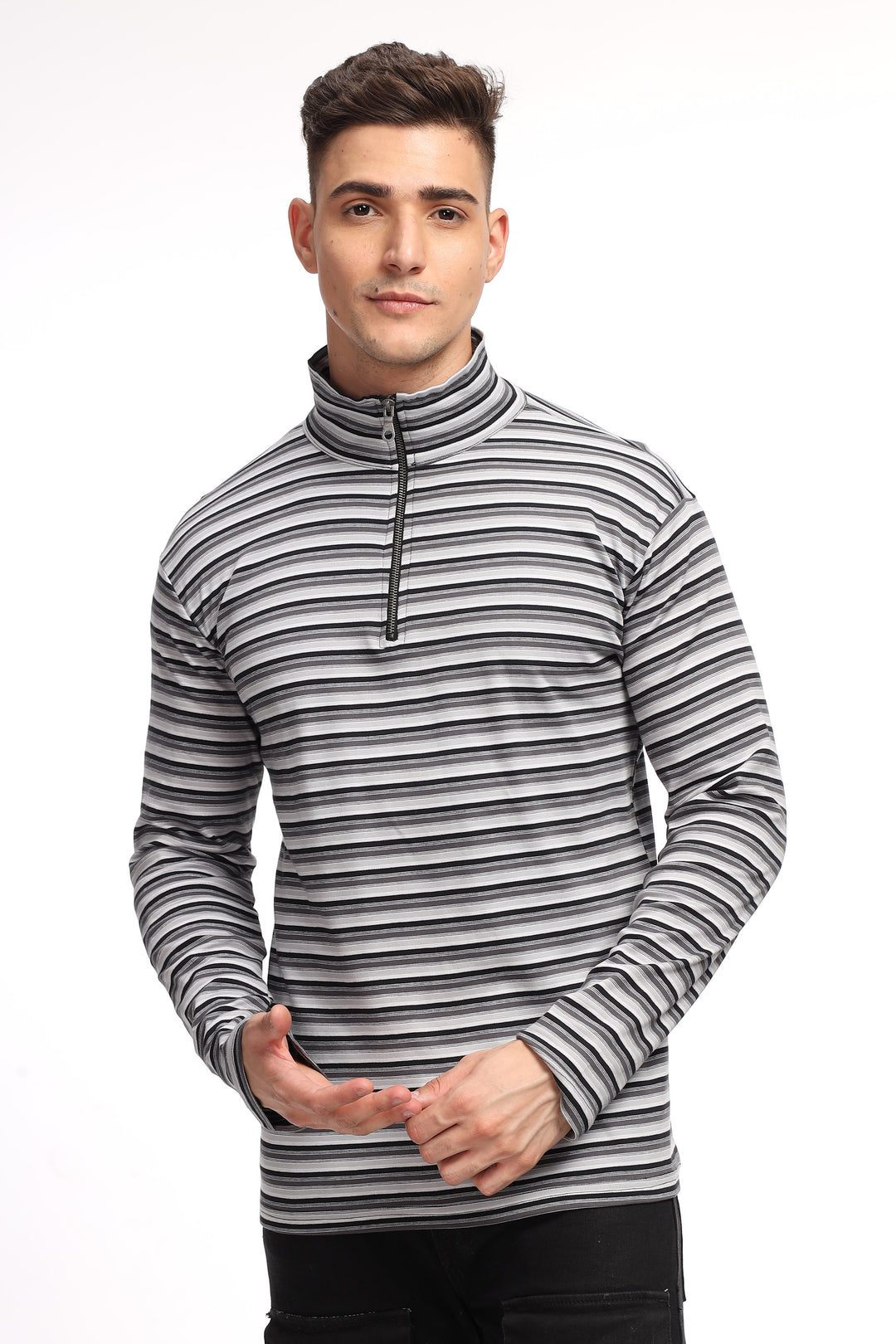 Black Self Design Stripes Zipper T-Shirt