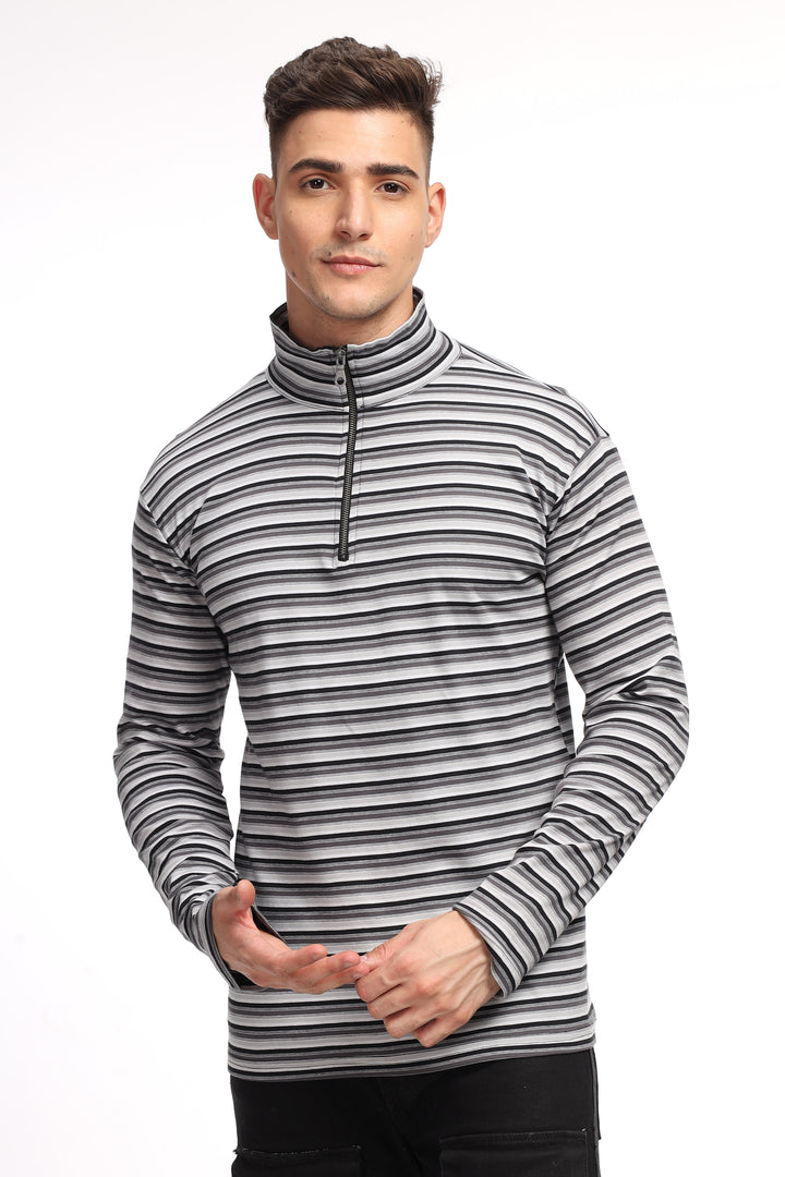Black Self Design Stripes Zipper T-Shirt
