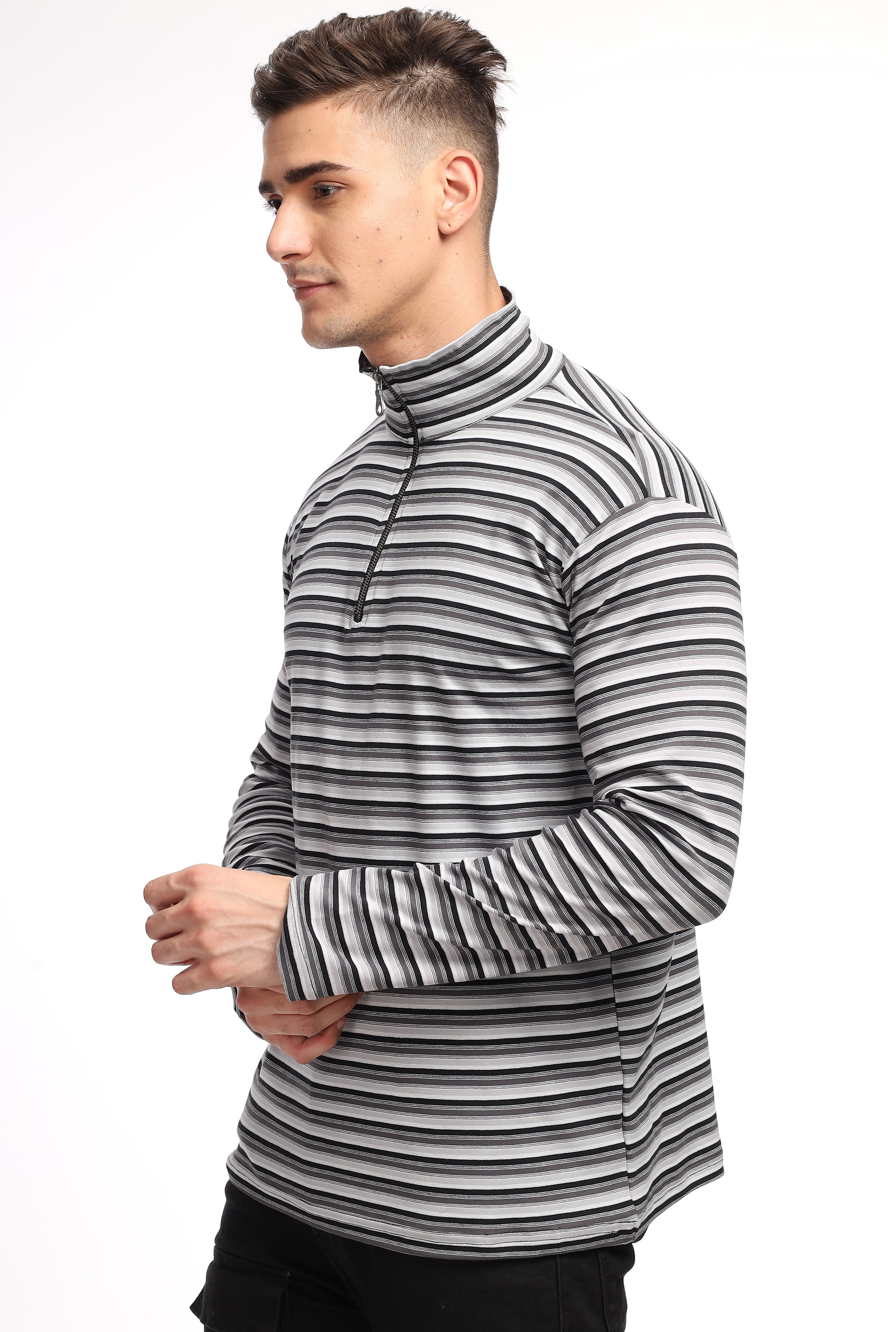 Black Self Design Stripes Zipper T-Shirt