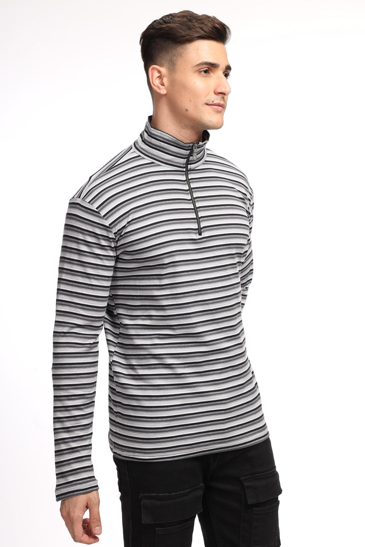 Black Self Design Stripes Zipper T-Shirt
