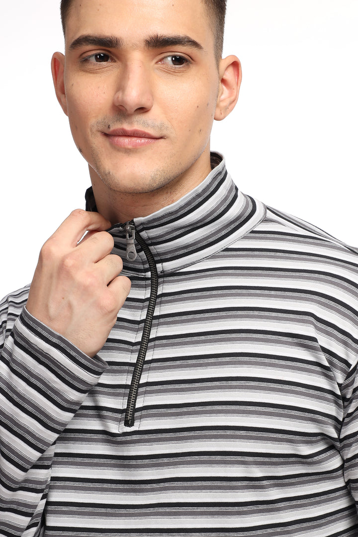 Black Self Design Stripes Zipper T-Shirt