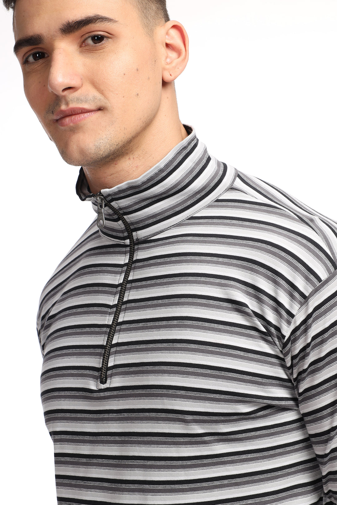 Black Self Design Stripes Zipper T-Shirt