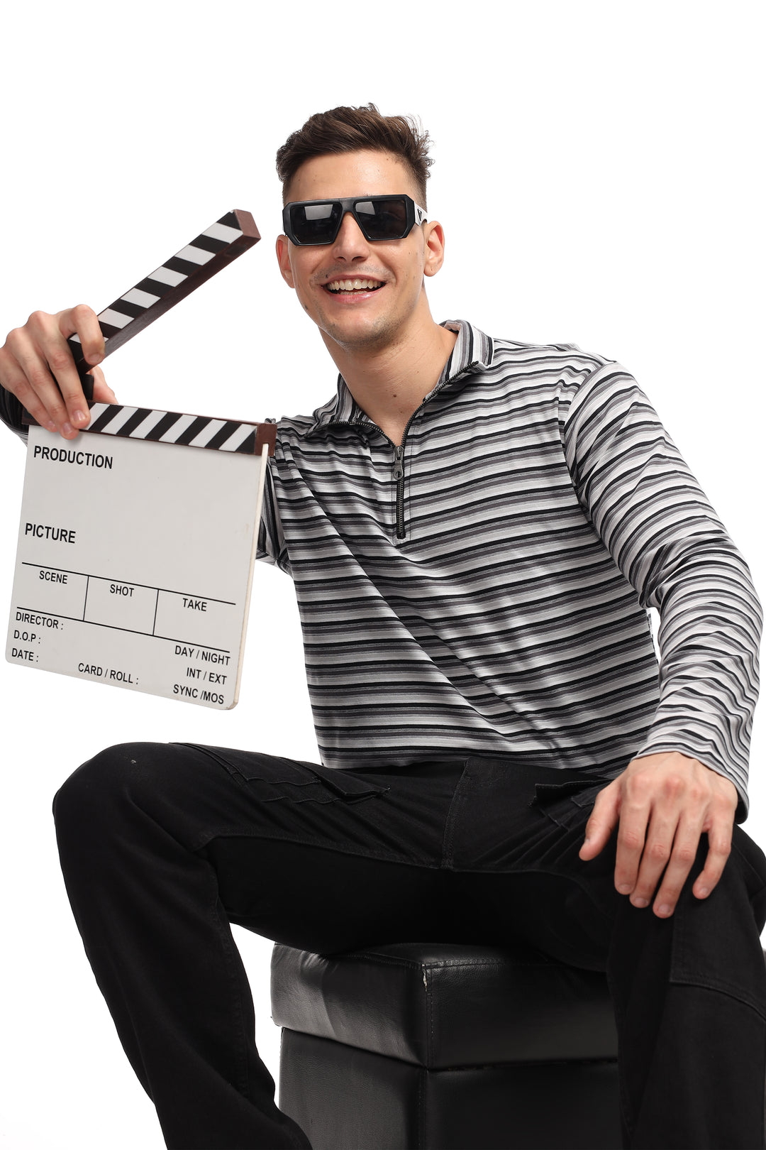 Black Self Design Stripes Zipper T-Shirt