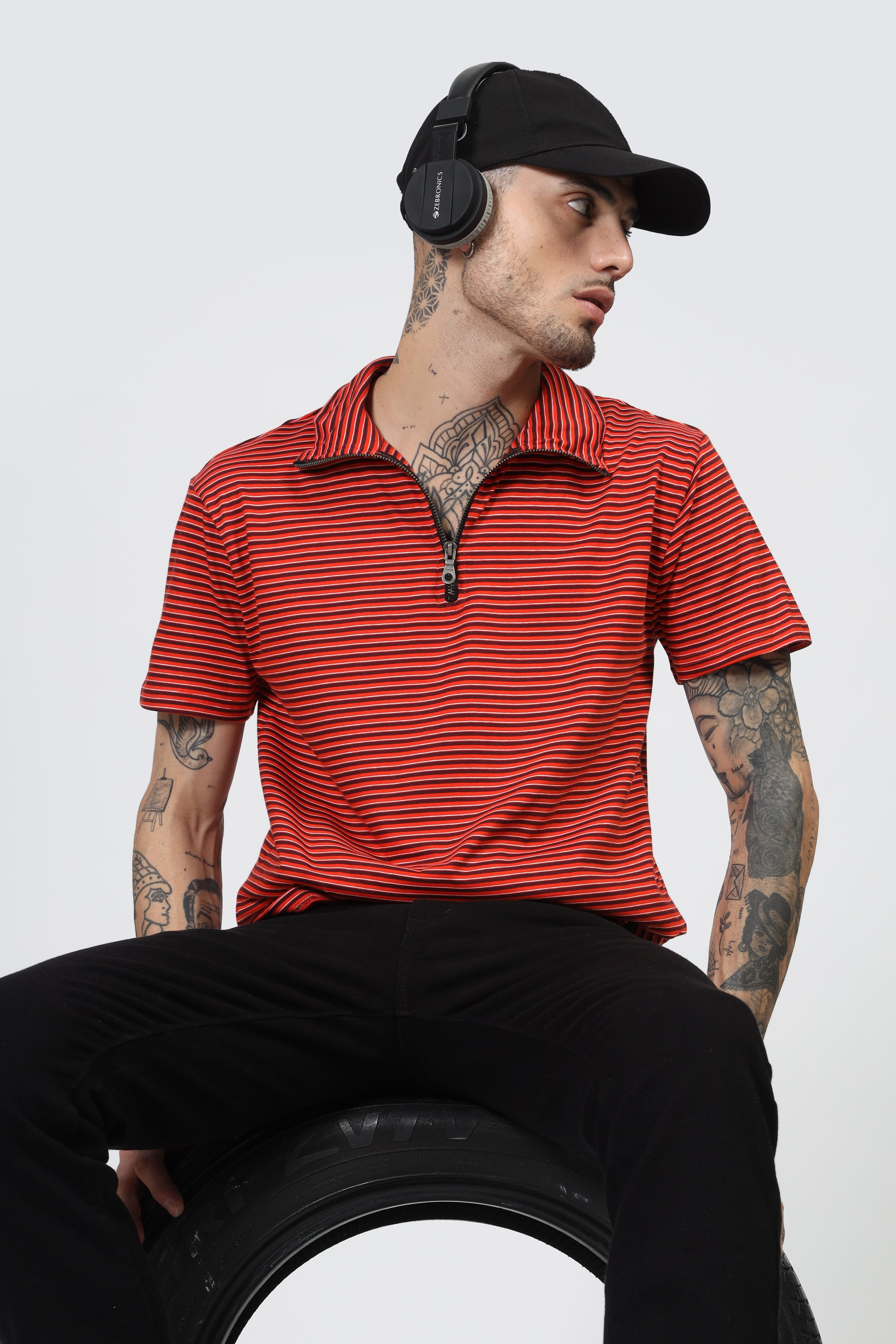 Red Horizontal Stripe Zipper T-Shirt