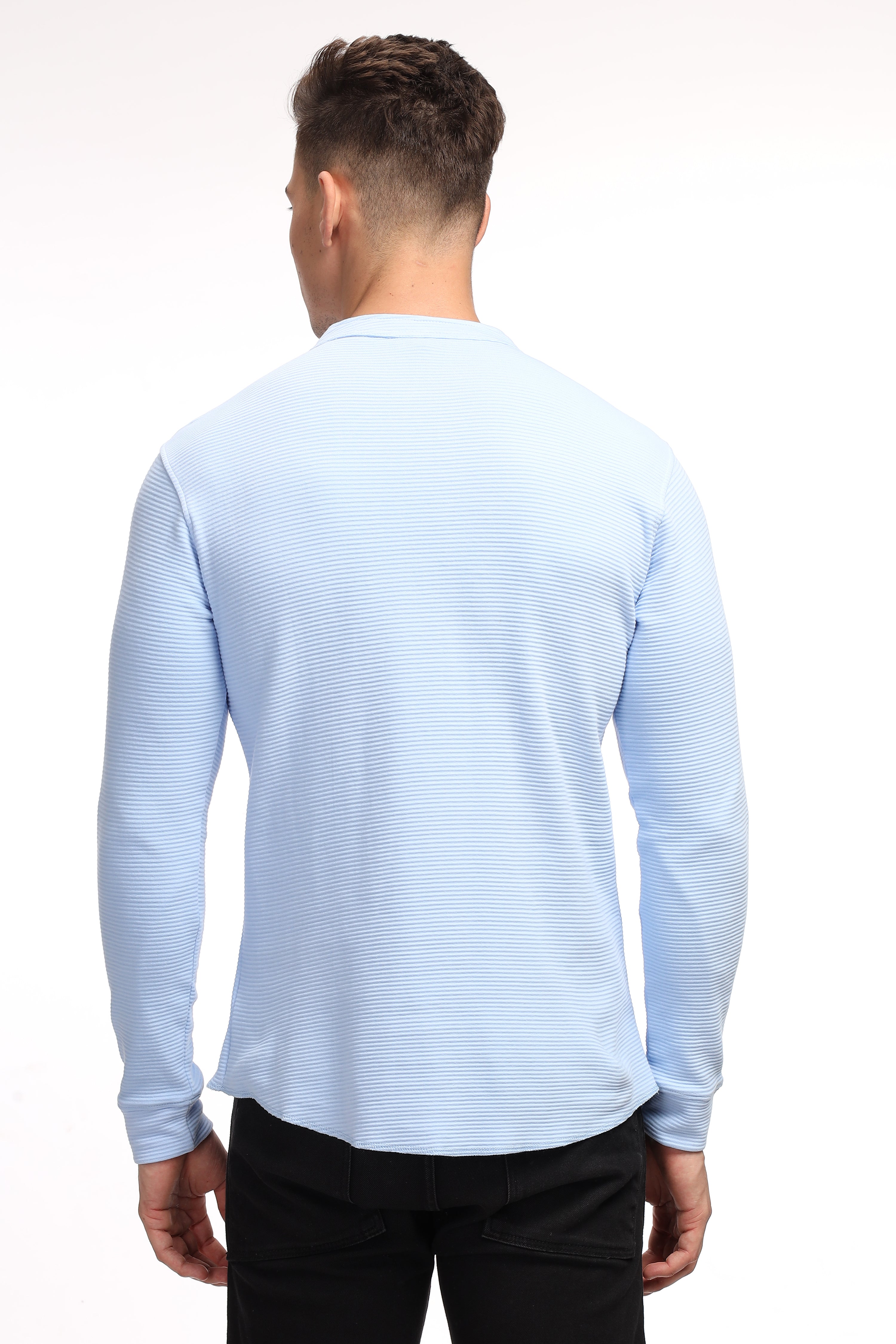 Sky Blue Self Design Henley T-Shirt