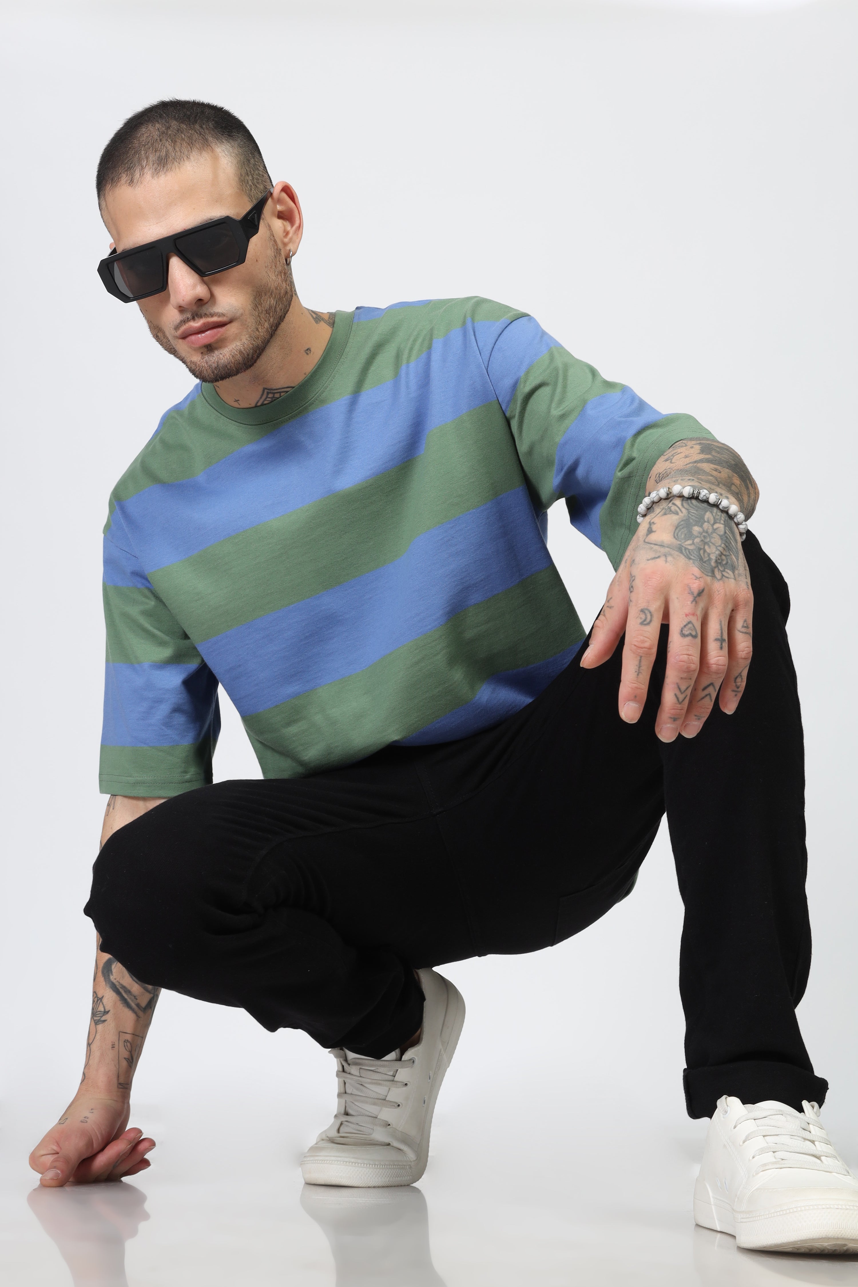 Green Blue Oversized Color Block T-Shirt