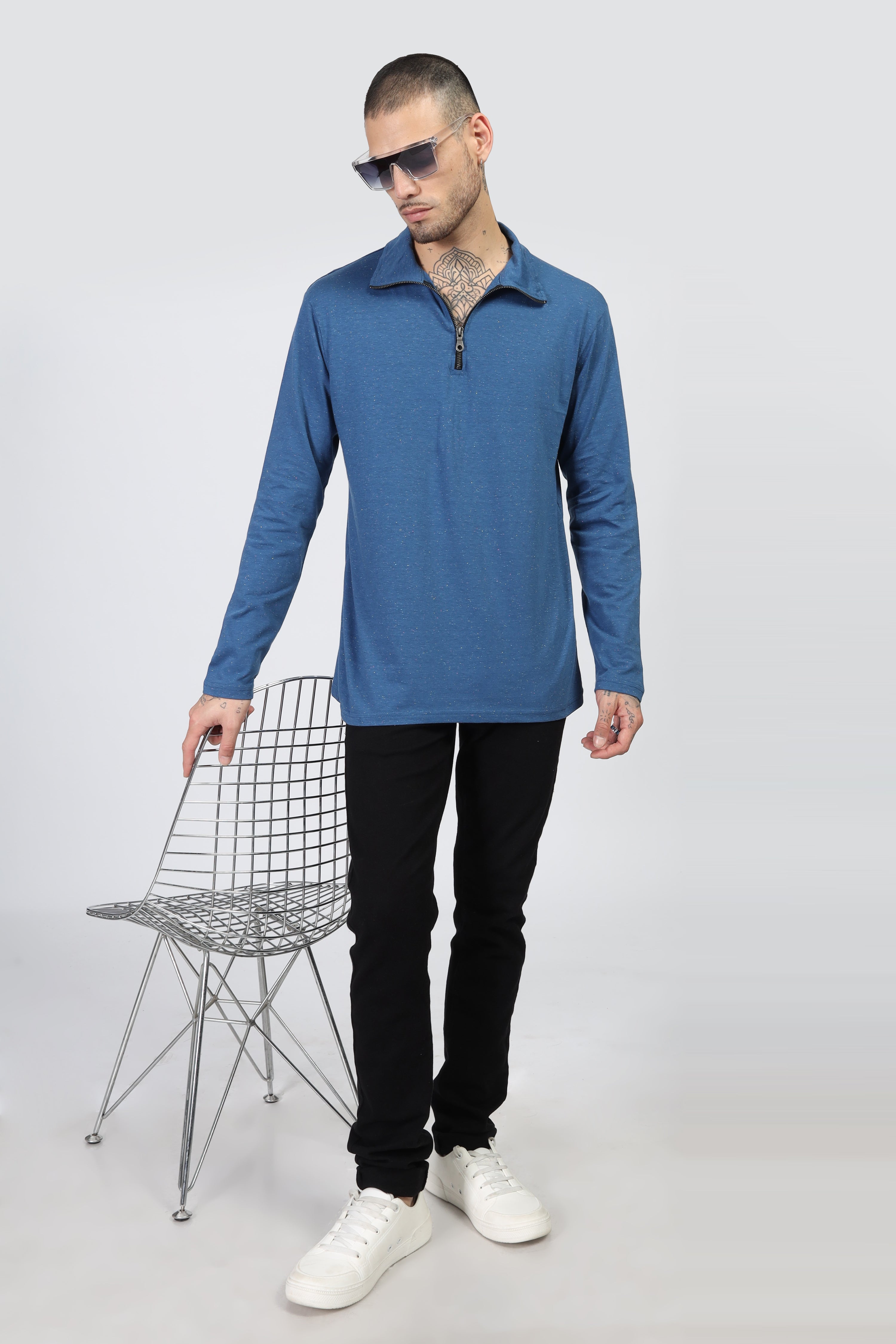 Blue Self Design Textured T-Shirt