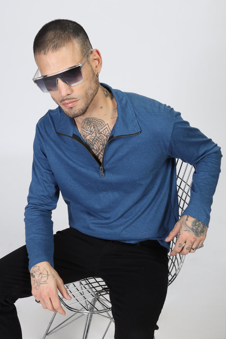 Blue Self Design Textured T-Shirt