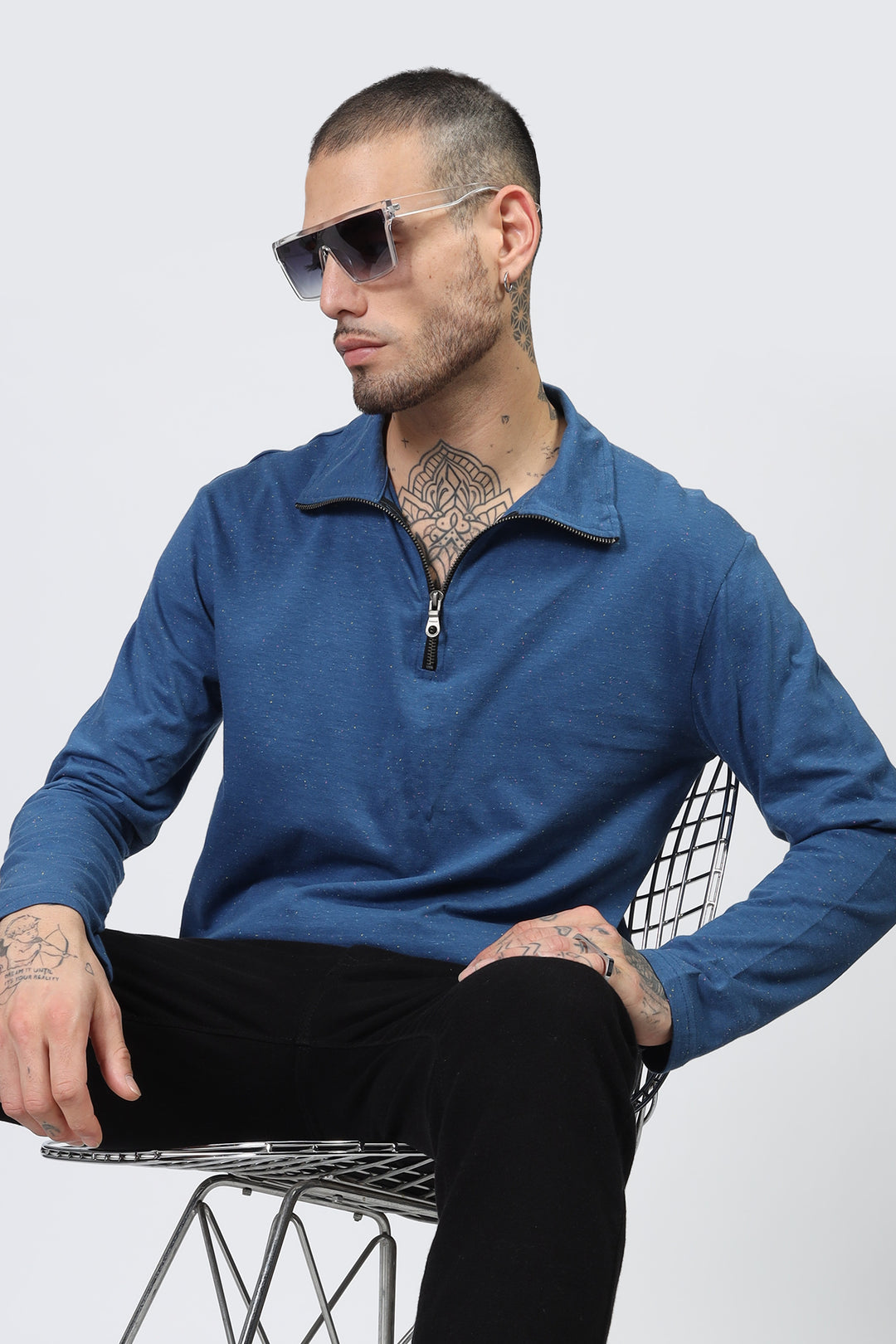 Blue Self Design Textured T-Shirt