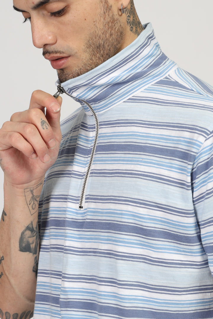 Navy White Stripe Zipper T-Shirt