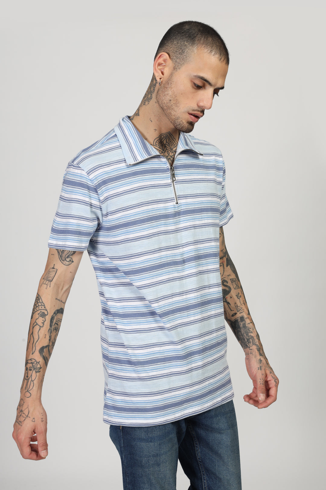 Navy White Stripe Zipper T-Shirt