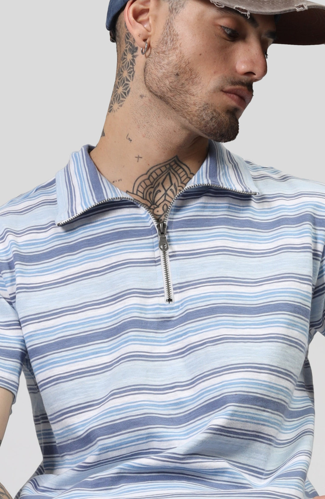 Navy White Stripe Zipper T-Shirt