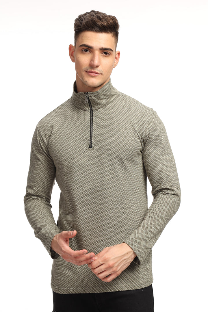 Dark Grey Self Design Zipper T-Shirt