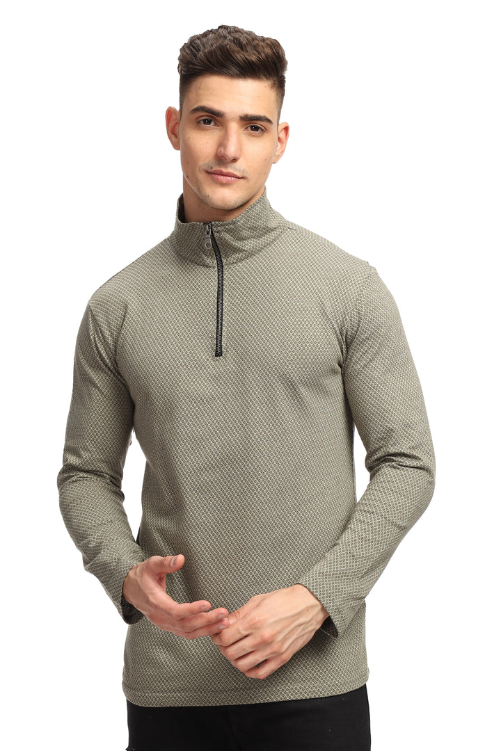 Dark Grey Self Design Zipper T-Shirt