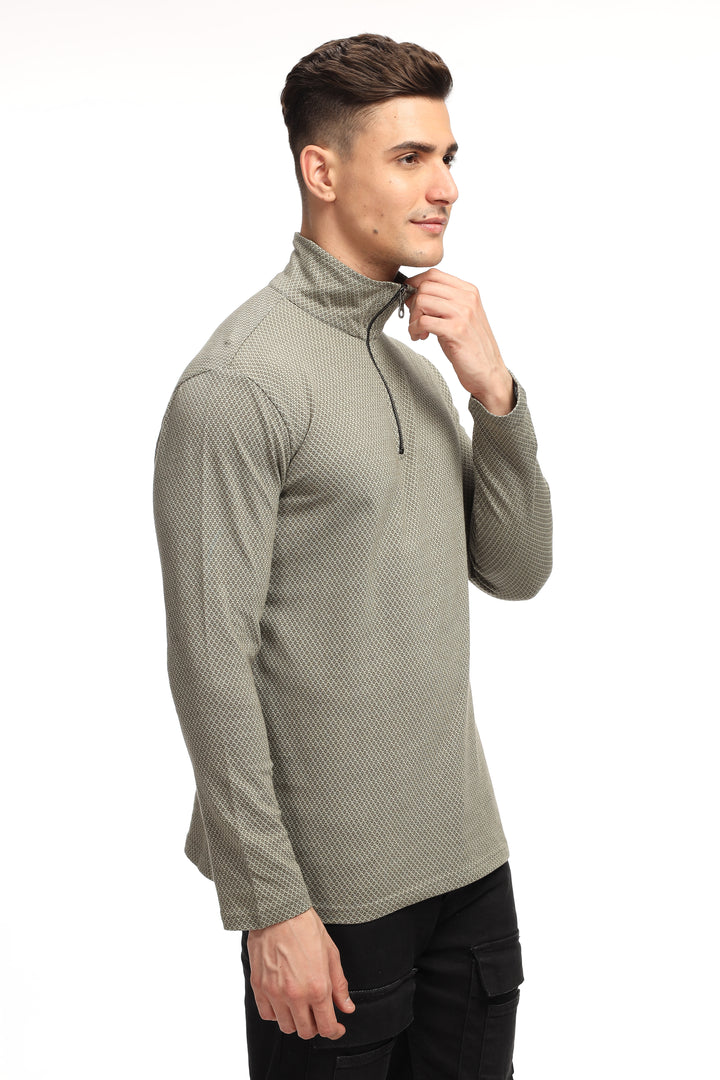 Dark Grey Self Design Zipper T-Shirt