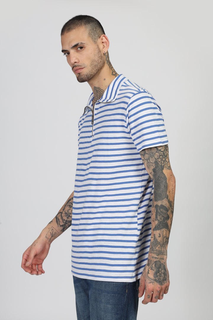 Blue Striper Zipper T-Shirt