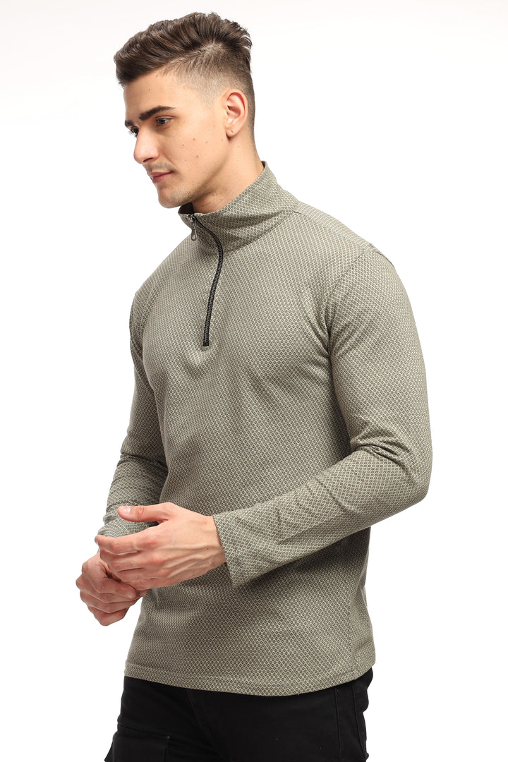 Dark Grey Self Design Zipper T-Shirt