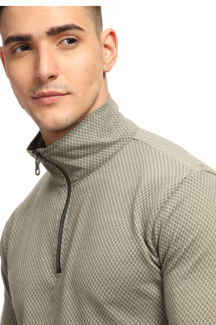Dark Grey Self Design Zipper T-Shirt