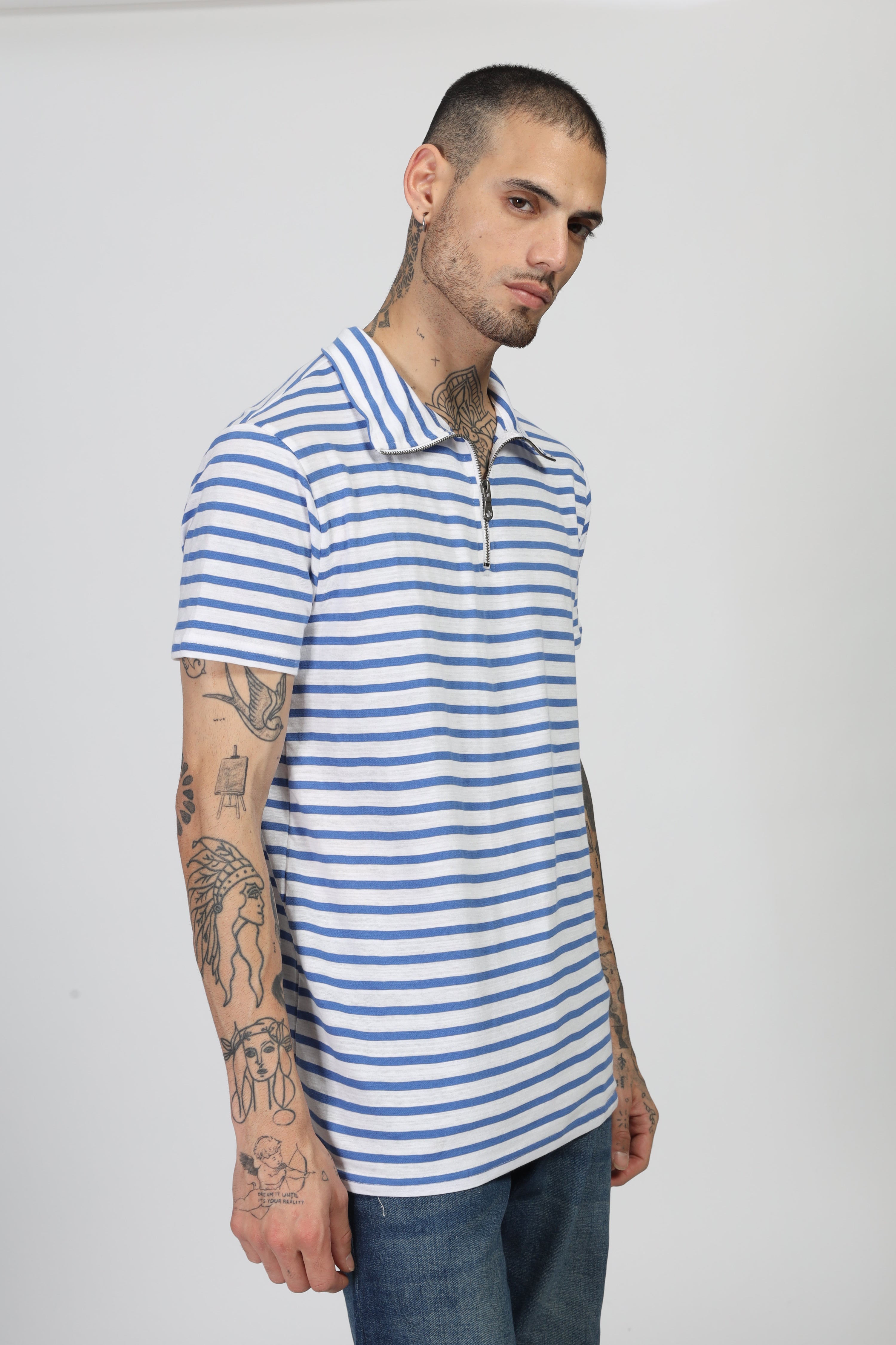 Blue Striper Zipper T-Shirt