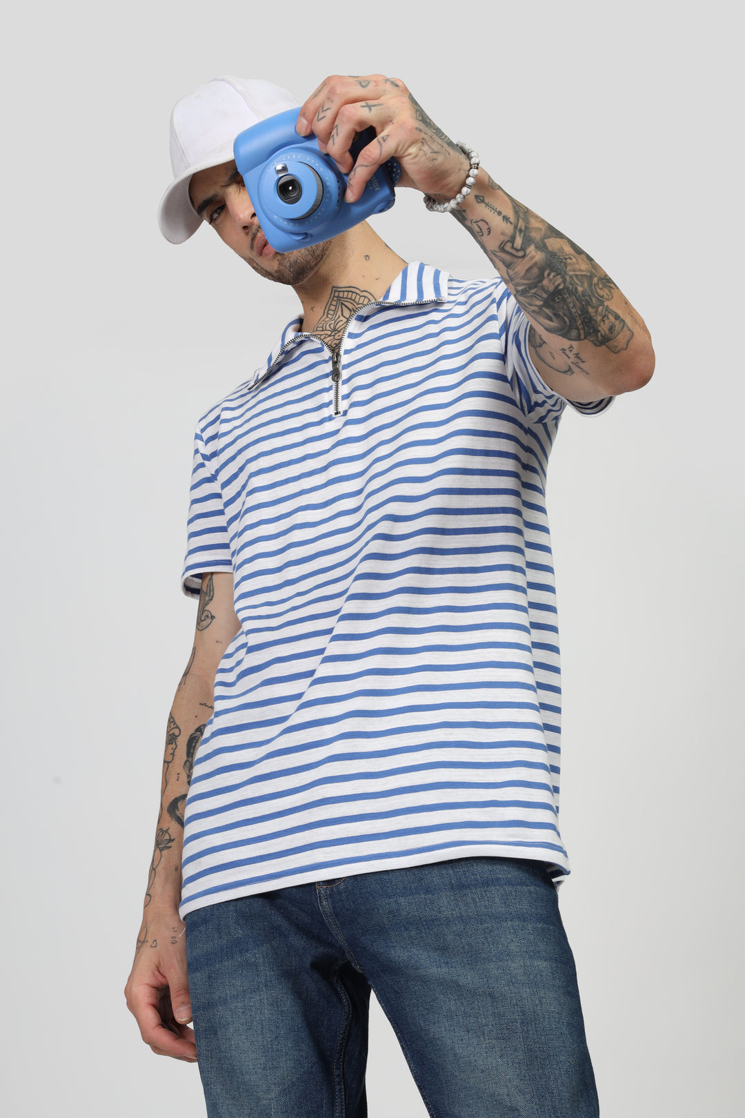 Blue Striper Zipper T-Shirt