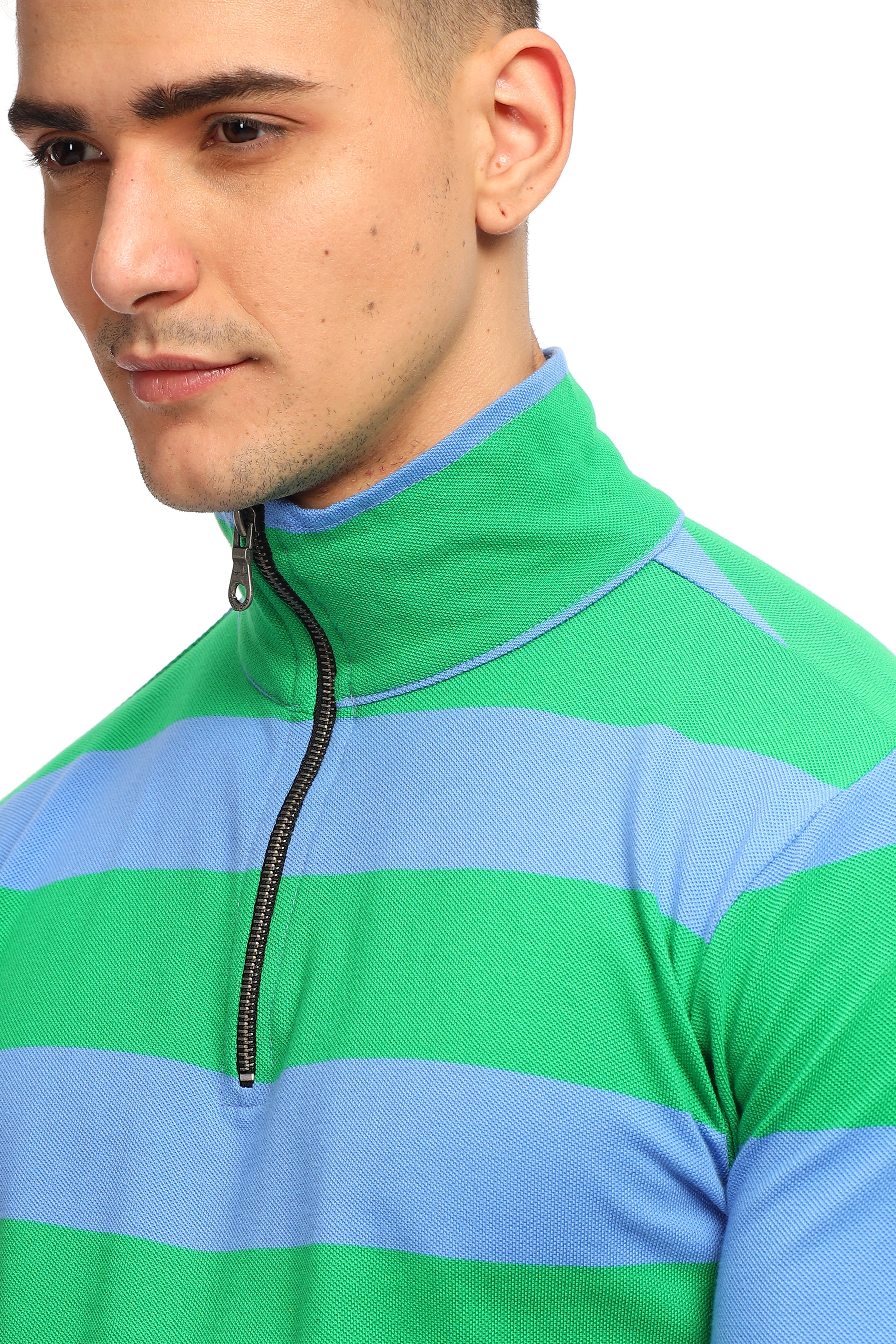 Green Blue Self Design Zipper T-Shirt
