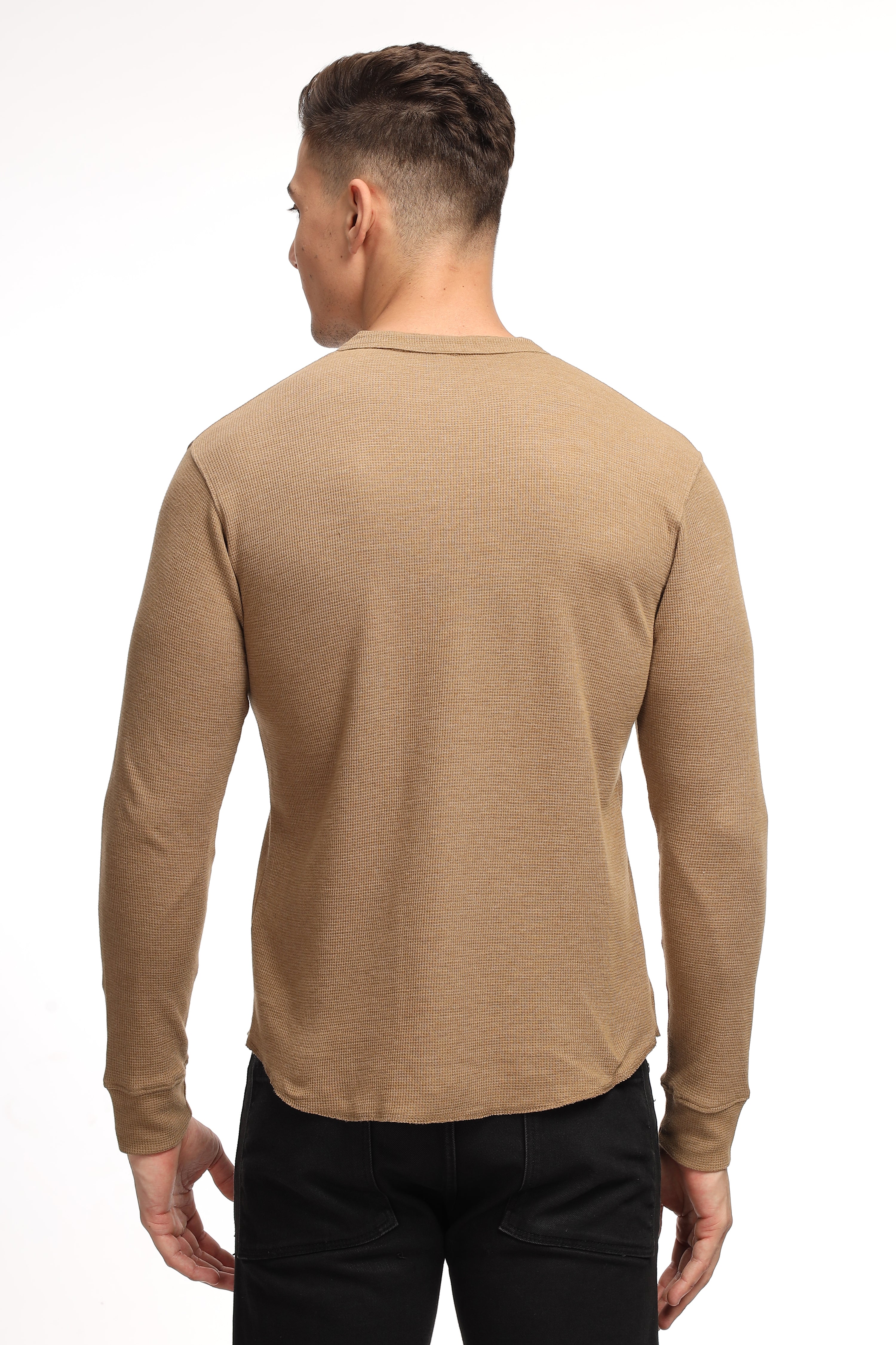 Brown Self Design Waffle Knit Henley T-Shirt