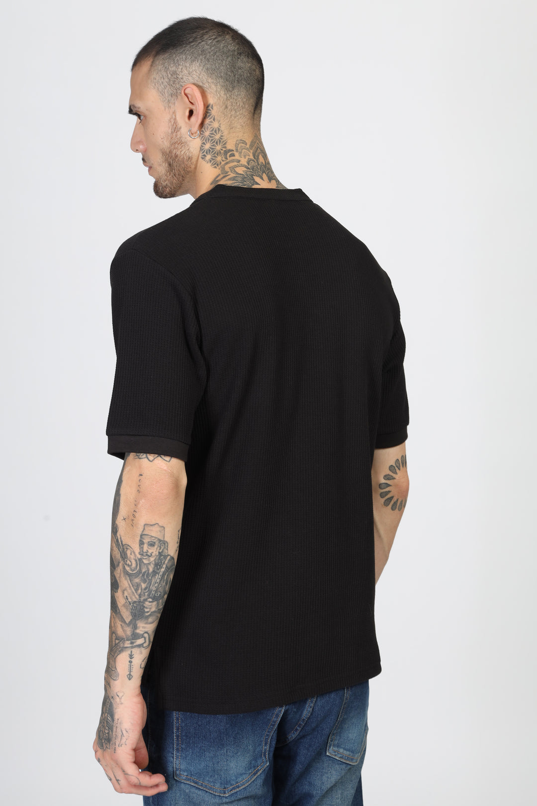 Black Waffle Half Sleeves Henley T-Shirt