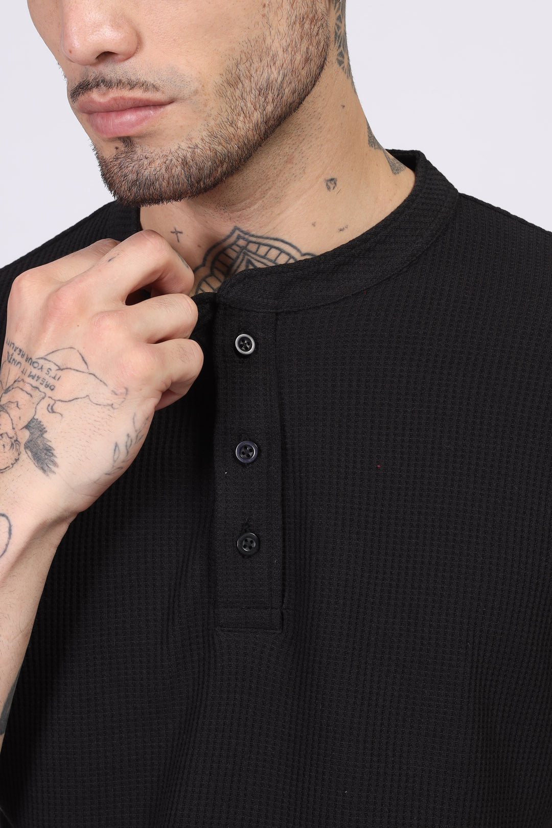 Black Waffle Half Sleeves Henley T-Shirt