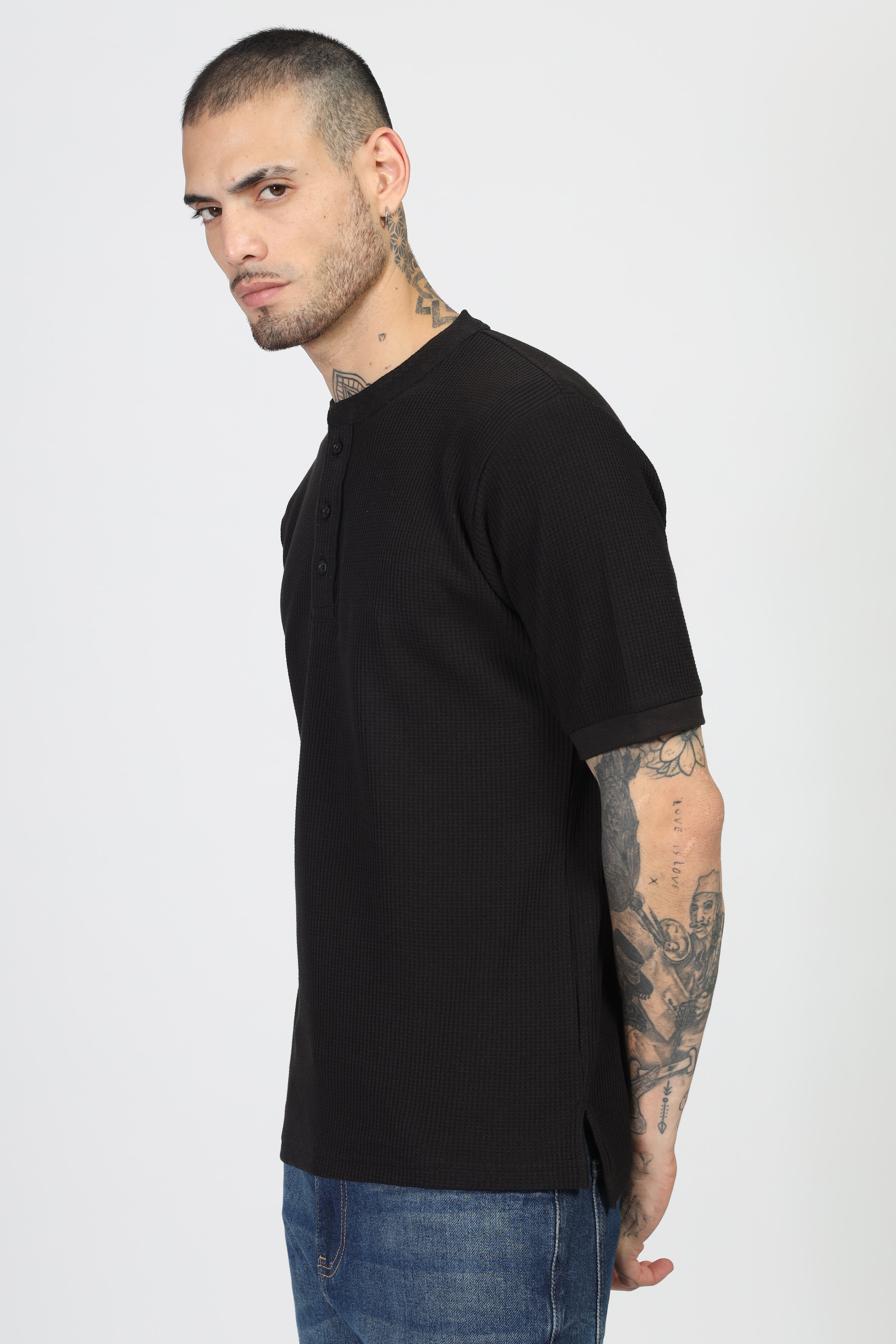 Black Waffle Half Sleeves Henley T-Shirt