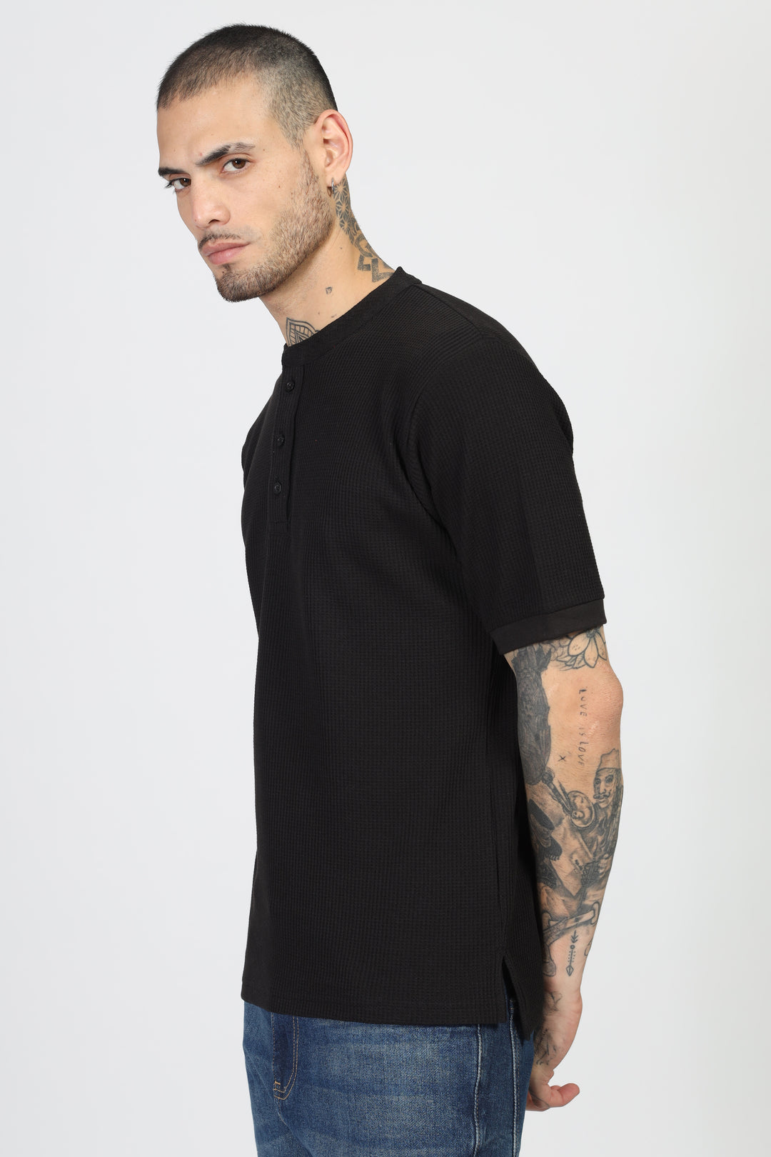 Black Waffle Half Sleeves Henley T-Shirt