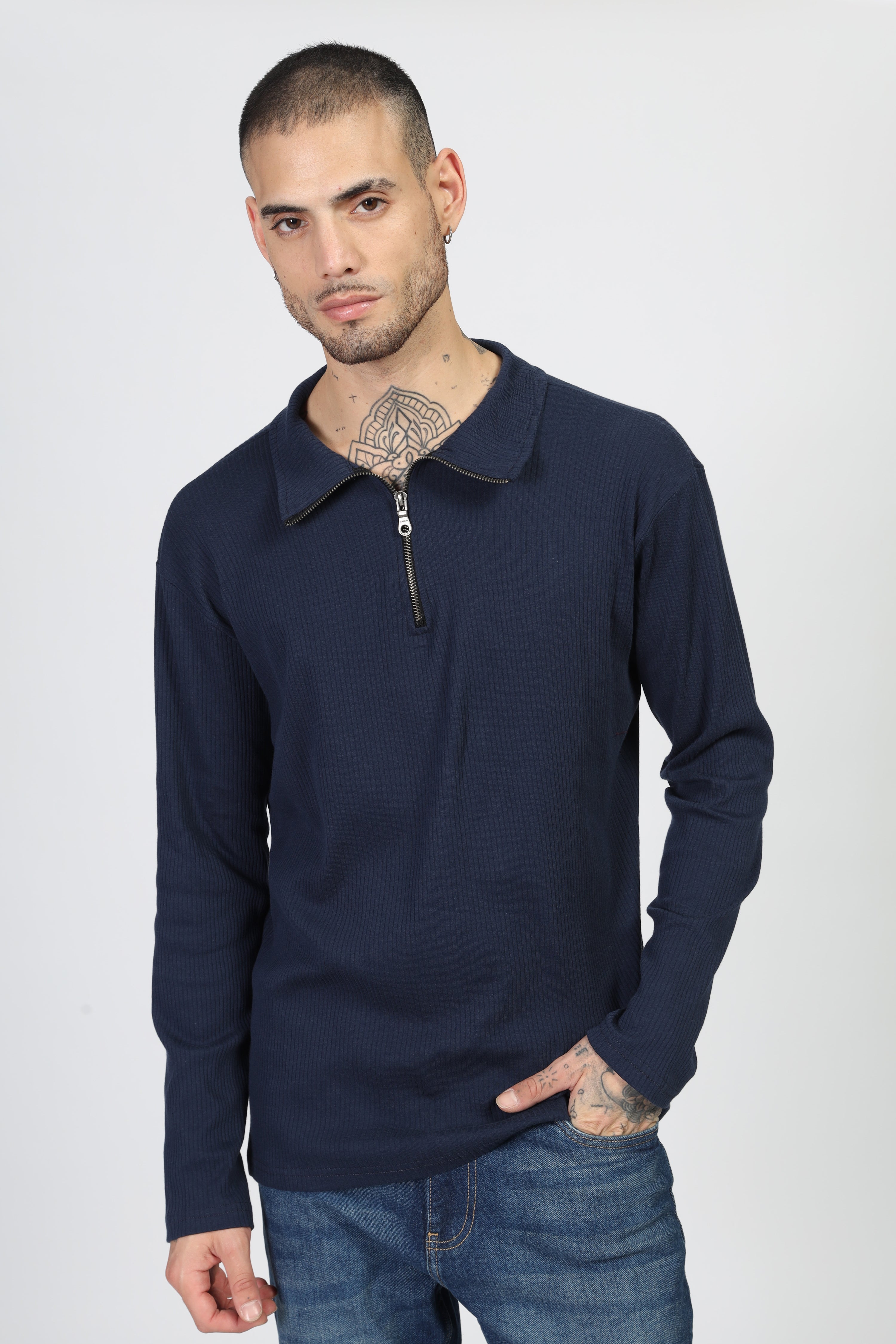 Navy Blue Self Design Zipper T-Shirt