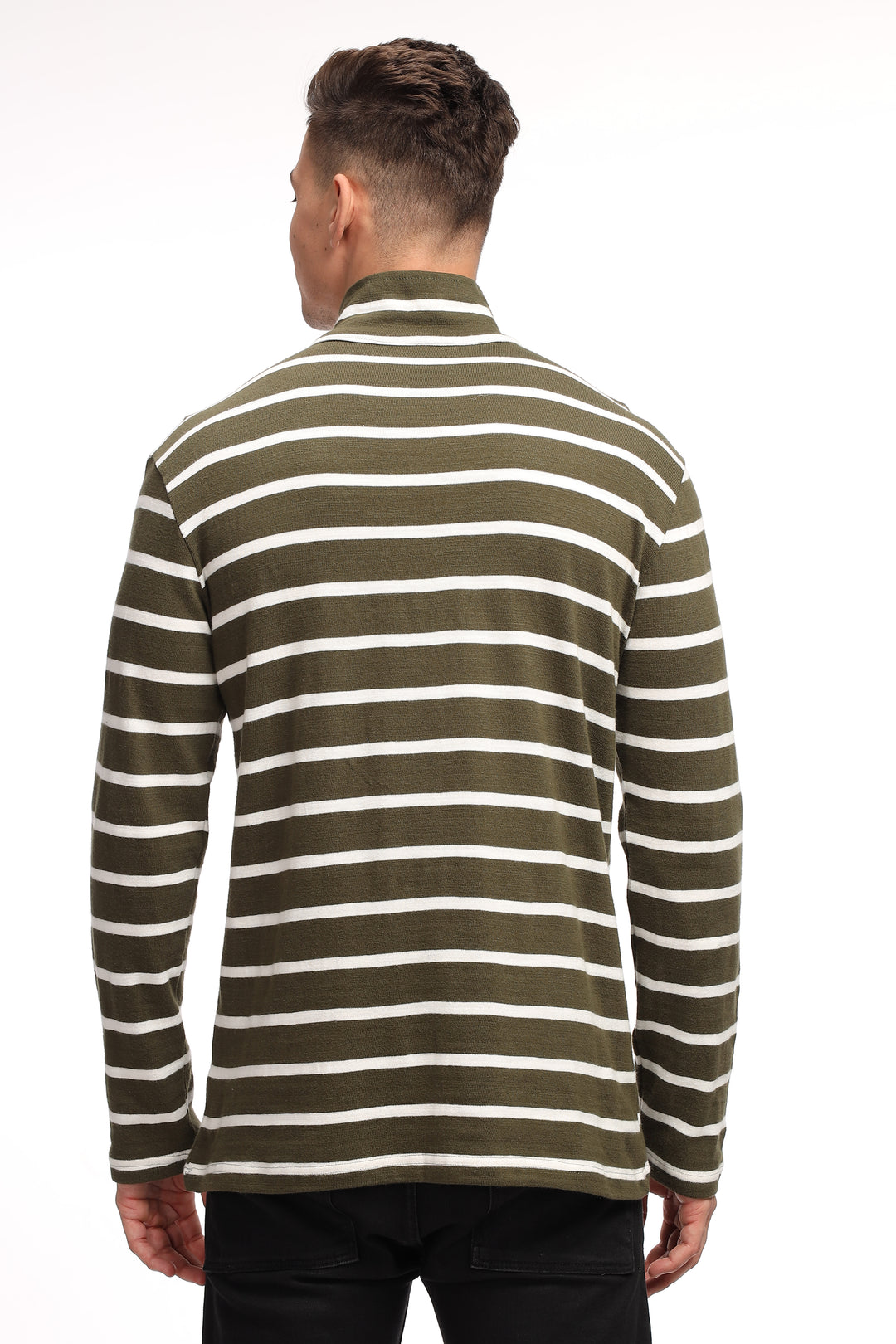 Olive White Self Design Zipper T-Shirt