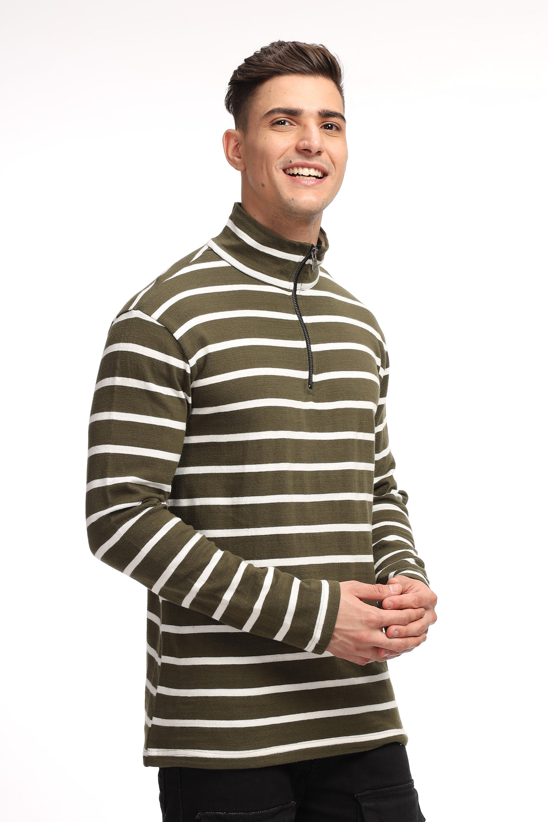 Olive White Self Design Zipper T-Shirt