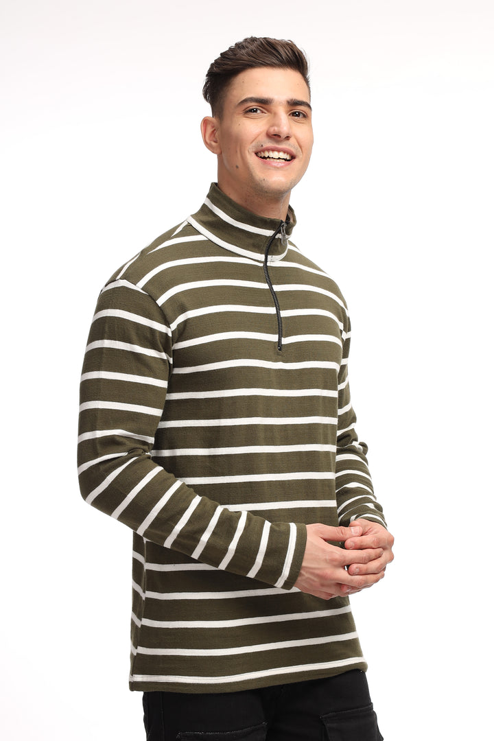 Olive White Self Design Zipper T-Shirt