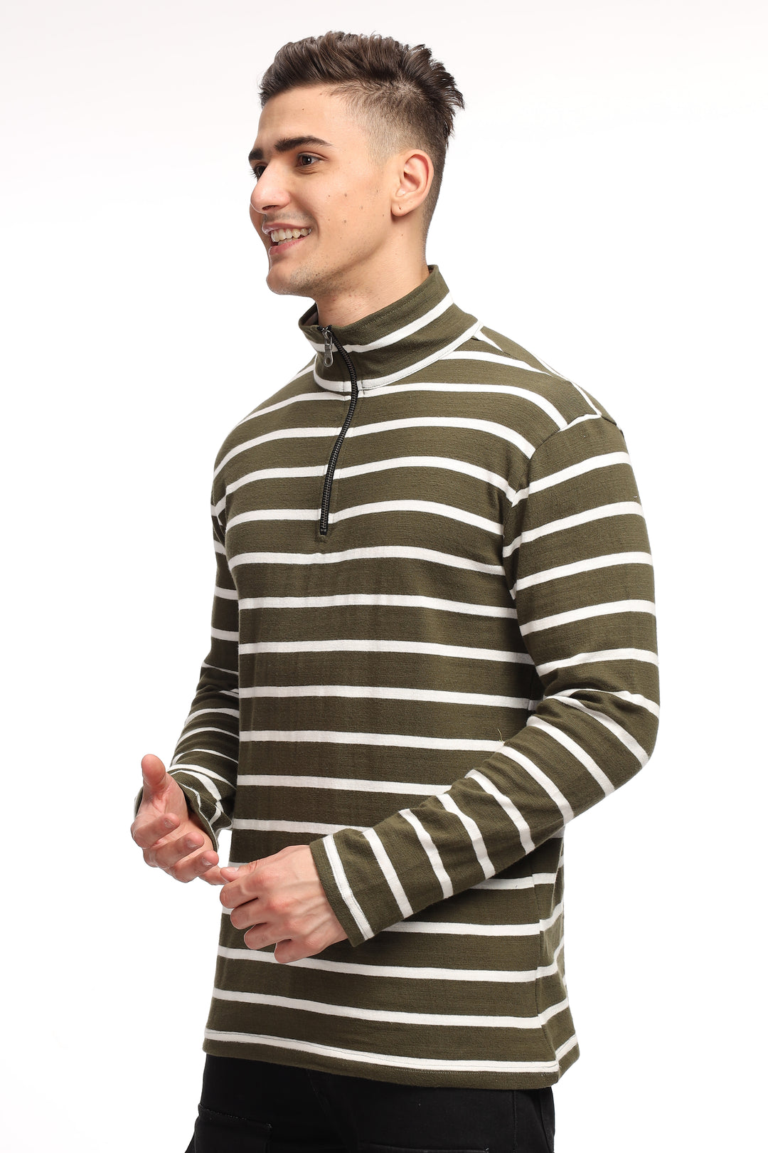 Olive White Self Design Zipper T-Shirt
